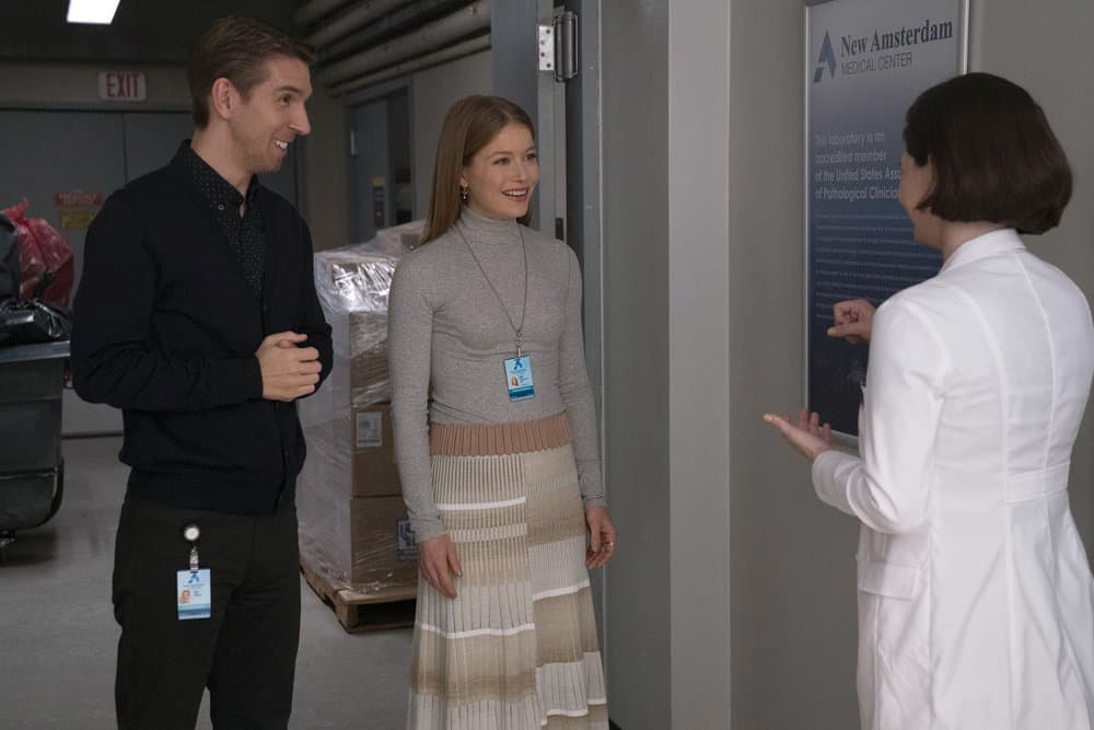 NEW AMSTERDAM Season 4 Episode 12 Photos The Crossover 3 NEW AMSTERDAM Season 4 Episode 12 -- "The Crossover" Episode 412 -- Pictured: (l-r) Connor Marx as Ben, Genevieve Angelson as Dr. Mia Castries -- (Photo by: Virginia Sherwood/NBC)