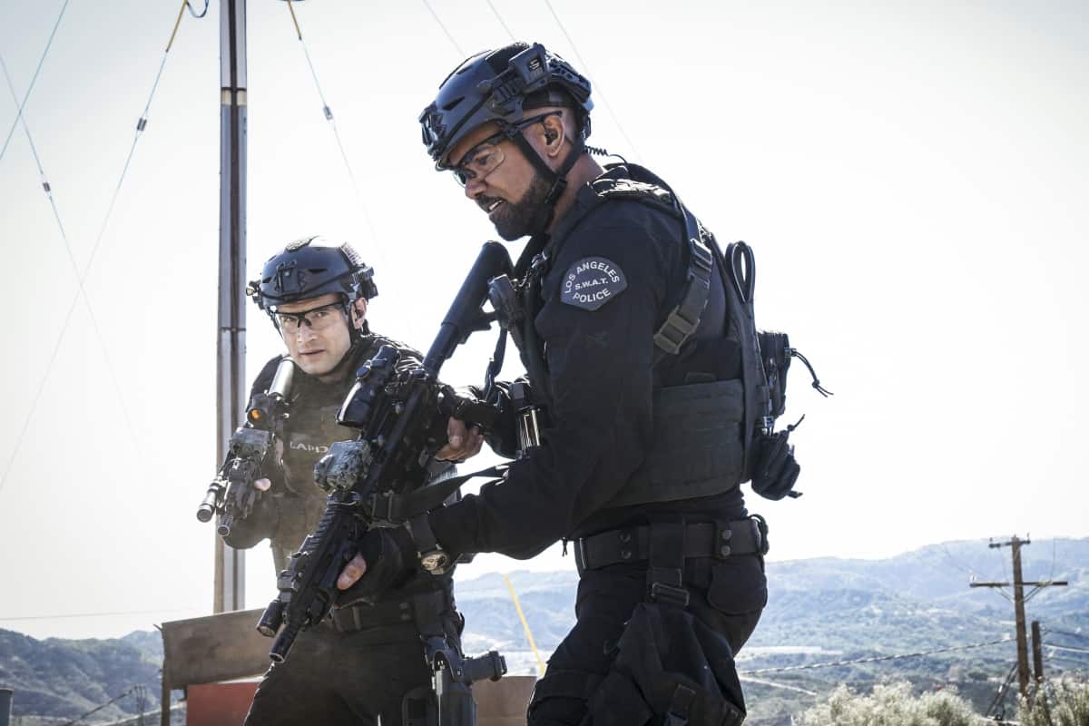 SWAT Season 5 Episode 17 “Cry Foul” – When a series of deadly explosions hits oil derricks across Los Angeles, SWAT teams up to hunt down an activist turned terrorist. Also, Deacon and his wife, Annie (Bre Blair), work to free a reformed drug dealer they believe was sent away for a murder he didn’t commit, on the CBS Original series S.W.A.T., Sunday, April 17 (10:00-11:00 PM, ET/PT) on the CBS Television Network, and available to stream live and on demand on Paramount+*.  Pictured (L-R): Alex Russell as Jim Street and Shemar Moore as Daniel “Hondo” Harrelson. Photo: Bill Inoshita/CBS ©2022 CBS Broadcasting, Inc. All Rights Reserved.
