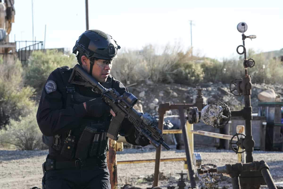 SWAT Season 5 Episode 17 “Cry Foul” – When a series of deadly explosions hits oil derricks across Los Angeles, SWAT teams up to hunt down an activist turned terrorist. Also, Deacon and his wife, Annie (Bre Blair), work to free a reformed drug dealer they believe was sent away for a murder he didn’t commit, on the CBS Original series S.W.A.T., Sunday, April 17 (10:00-11:00 PM, ET/PT) on the CBS Television Network, and available to stream live and on demand on Paramount+*.  Pictured (L-R): David Lim as Victor Tan. Photo: Bill Inoshita/CBS ©2022 CBS Broadcasting, Inc. All Rights Reserved.