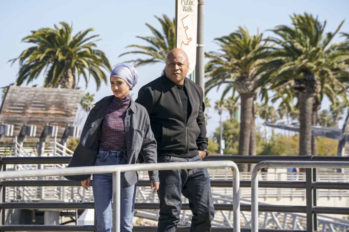 NCIS LOS ANGELES Season 13 Episode 19 “Live Free or Die Standing” – The NCIS team works with DEA Agent Talia Del Campo (Mercedes Mason) to find a missing whistleblower set to testify against gun manufacturers marketing to drug cartels, on the second of back-to-back episodes of the CBS Original series NCIS: LOS ANGELES, Sunday, May 1 (9:00-10:00 PM, ET/PT) on the CBS Television Network, and available to stream live and on demand on Paramount+*. The episode was directed by series star Daniela Ruah and written by series star Eric Christian Olsen. Pictured (L-R): Medalion Rahimi (Special Agent Fatima Namazi) and LL COOL J (Special Agent Sam Hanna). Photo: Ron P. Jaffe/CBS ©2022 CBS Broadcasting, Inc. All Rights Reserved.