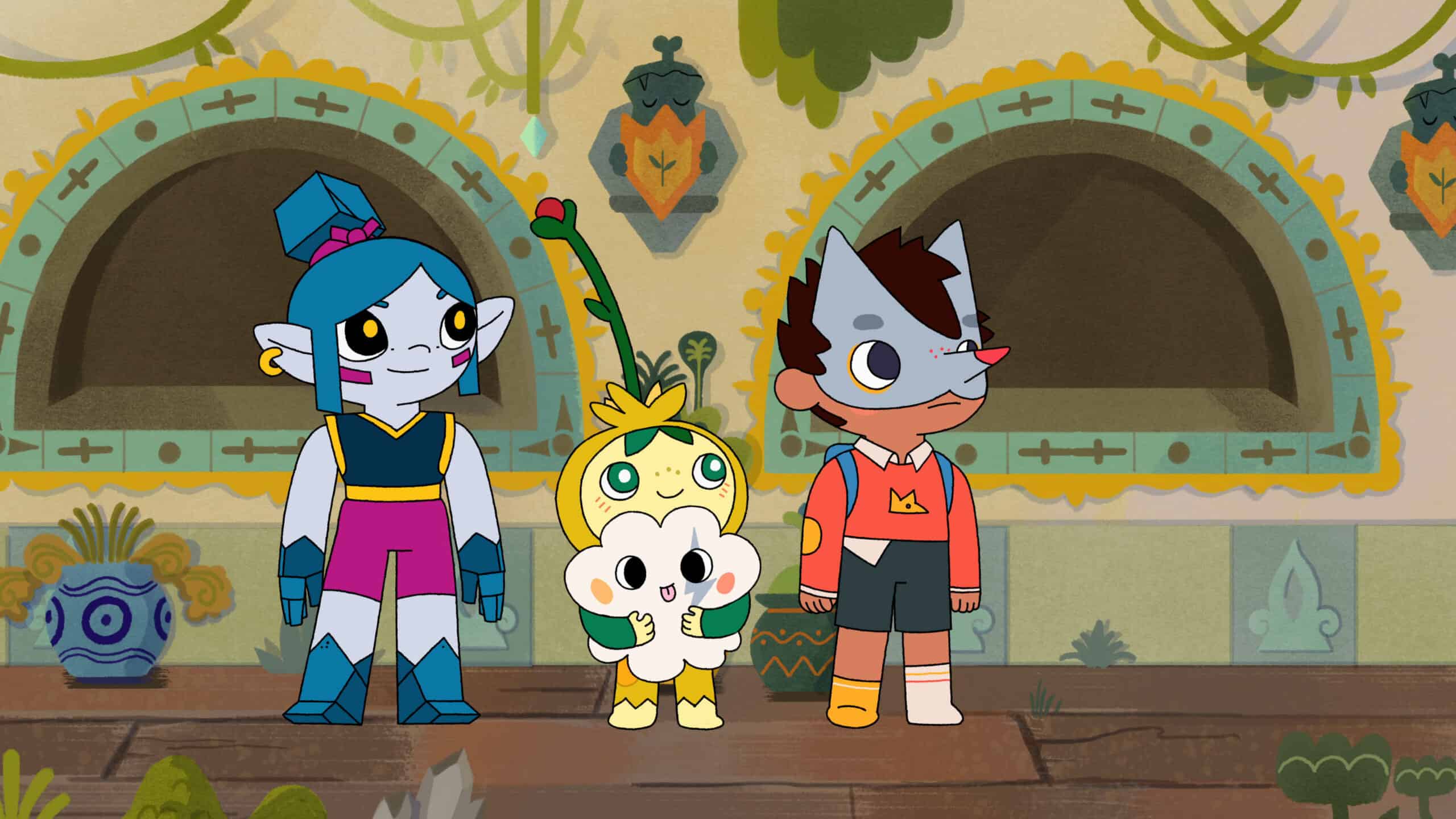 Xandra (voiced by Lily Williams), Sprout (voiced by Archie Yates), Floof (voiced by Christina Militia) and Wolfboy (voiced by Kassian Akhtar) in “Wolfboy and the Everything Factory” now streaming on Apple TV+.