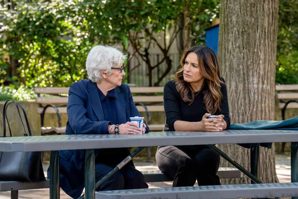 LAW AND ORDER SVU Season 24 Episode 4 image -- "The Steps We Cannot Take" Episode 24004 -- Pictured: (l-r) Betty Buckley as Trial Div. Chief Lorraine Maxwell, Mariska Hargitay as Captain Olivia Benson -- (Photo by: Zach Dilgard/NBC)
