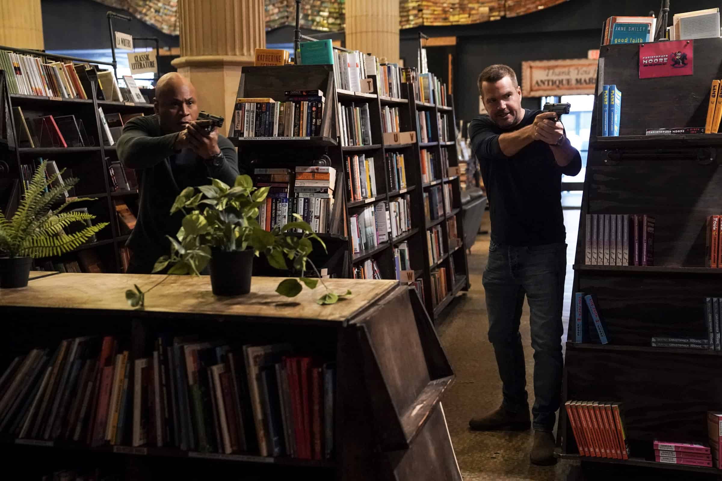 NCIS LOS ANGELES Season 14 Episode 6 “Glory of the Sea” – NCIS is called to investigate after Rear Admiral Ted Gordon is abducted from his home. Also, Kensi struggles with being the fun parent while Deeks is apartment hunting with his mom, on the CBS Original series NCIS: LOS ANGELES, Sunday, Nov. 13 (10:00-11:00 PM, ET/PT) on the CBS Television Network, and available to stream live and on demand on Paramount+.  Pictured (L-R): LL COOL J (Special Agent Sam Hanna) and Chris O\'Donnell (Special Agent G. Callen).  Photo: Sonja Flemming/CBS ©2022 CBS Broadcasting, Inc. All Rights Reserved.