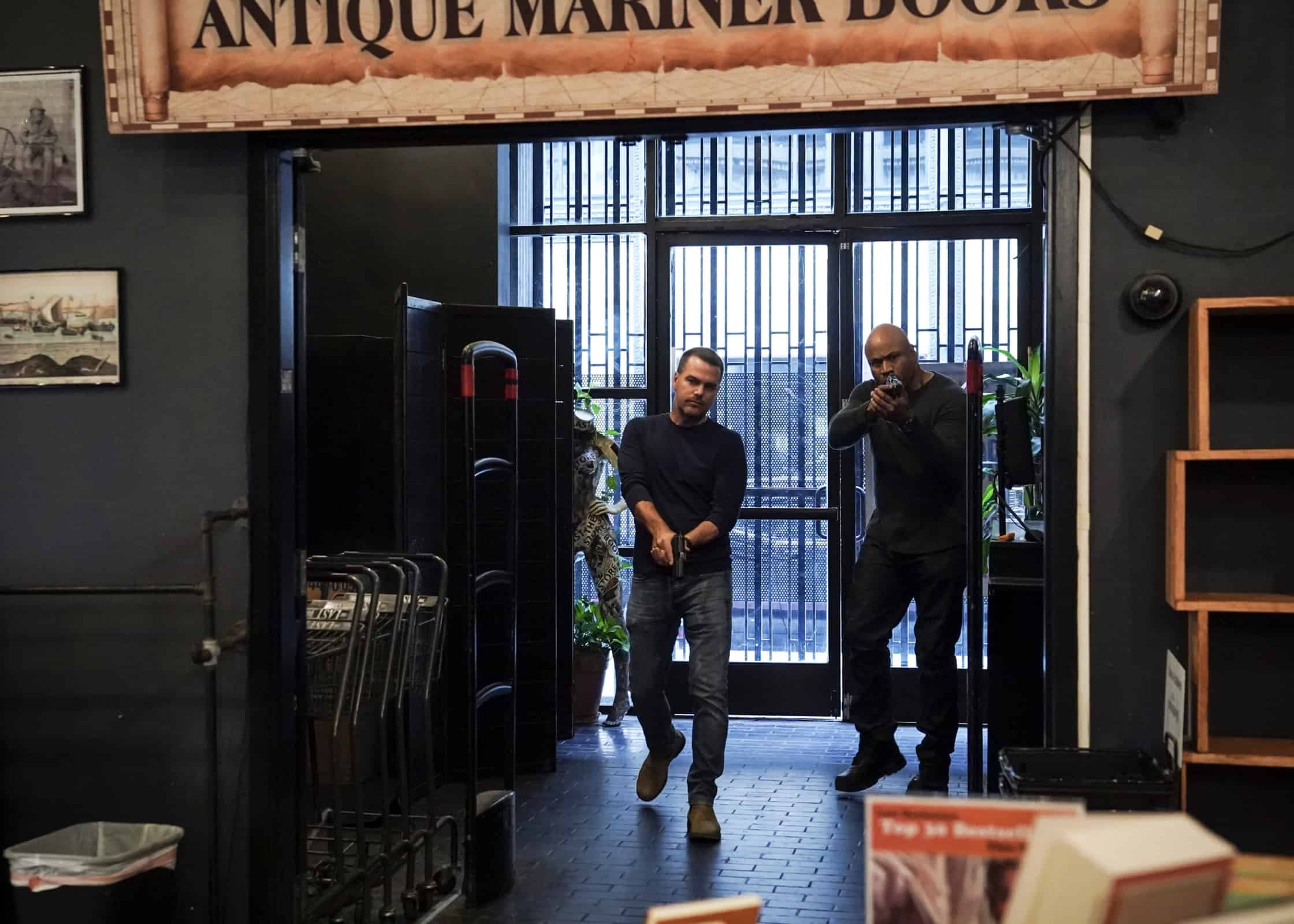 NCIS LOS ANGELES Season 14 Episode 6 “Glory of the Sea” – NCIS is called to investigate after Rear Admiral Ted Gordon is abducted from his home. Also, Kensi struggles with being the fun parent while Deeks is apartment hunting with his mom, on the CBS Original series NCIS: LOS ANGELES, Sunday, Nov. 13 (10:00-11:00 PM, ET/PT) on the CBS Television Network, and available to stream live and on demand on Paramount+.  Pictured (L-R): Chris O\'Donnell (Special Agent G. Callen) and LL COOL J (Special Agent Sam Hanna).  Photo: Sonja Flemming/CBS ©2022 CBS Broadcasting, Inc. All Rights Reserved.