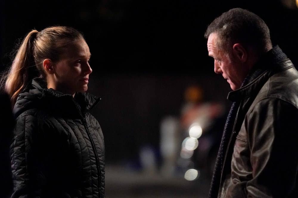 CHICAGO PD Season 10 Episode 9 still -- "Proof of Burden" Episode 1009 -- Pictured: Tracy Spiridakos as Hailey Upton, Jason Beghe as Hank Voight -- (Photo by: Lori Allen/NBC)