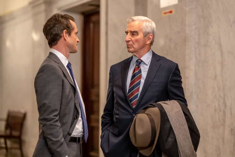 LAW & ORDER -- "Almost Famous" Episode 22012 -- Pictured: (l-r) Hugh Dancy as ADA Nolan Price, Sam Waterston as D.A. Jack McCoy -- (Photo by: Zach Dilgard/NBC)