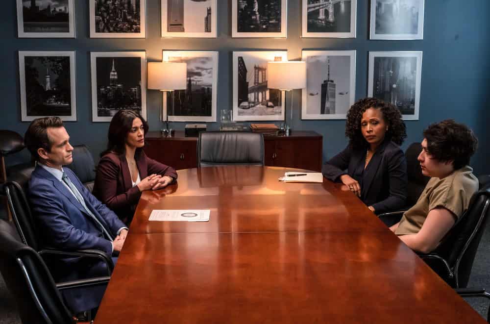 LAW & ORDER -- "Almost Famous" Episode 22012 -- Pictured: (l-r) Hugh Dancy as ADA Nolan Price, Odelya Halevi as ADA Samantha Maroun, Jasmine Walker as Amanda Shea, Garrett Gallego as Max Brewer -- (Photo by: Zach Dilgard/NBC)