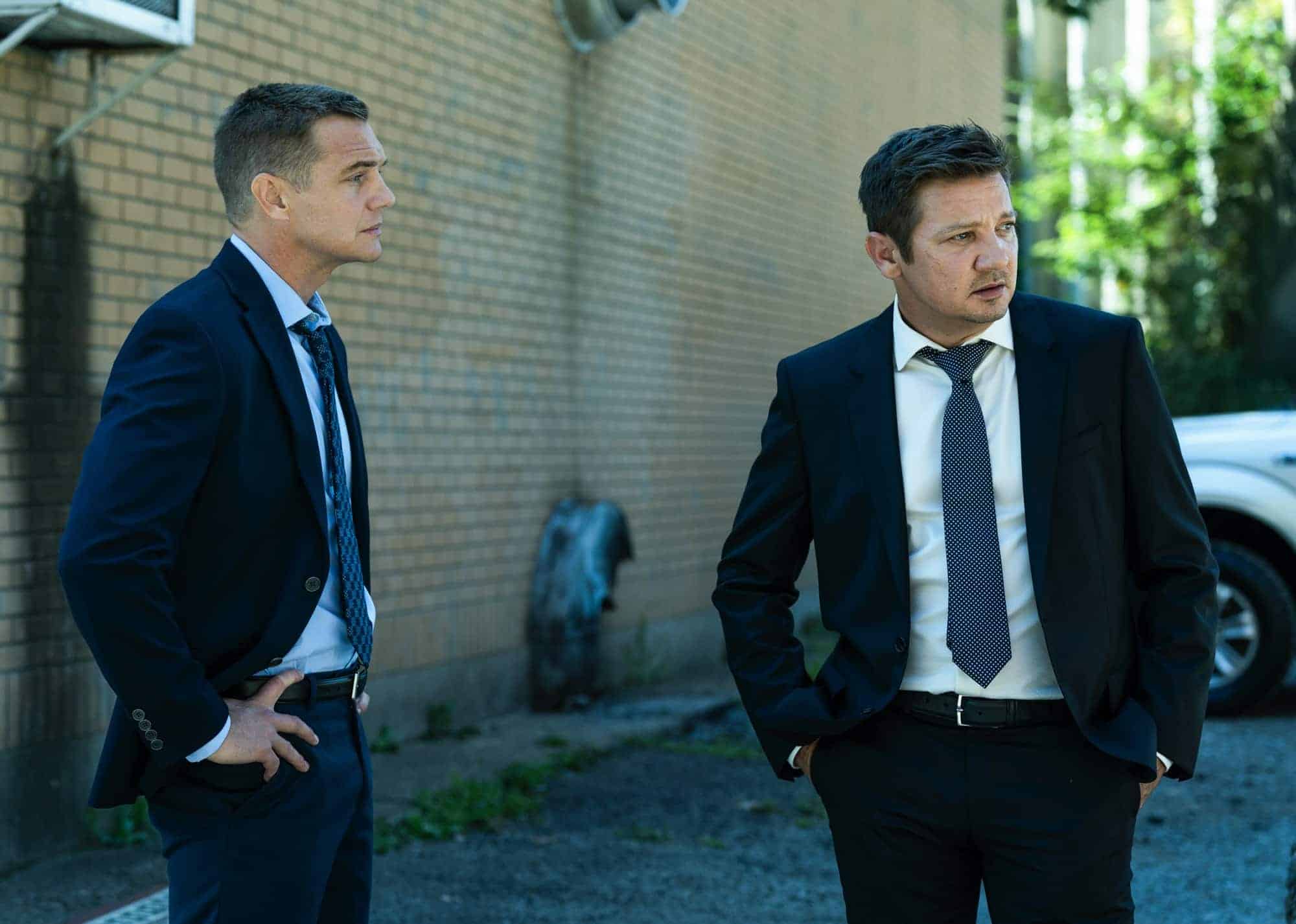 MAYOR OF KINGSTOWN - “Kill Box”-  Taylor Handley as Kyle McLusky and Jeremy Renner as Mike McLusky in season 2, episode 5 of the Paramount + series MAYOR OF KINGSTOWN. Photo Cr: Dennis P. Mong Jr./Paramount +. © 2022 Viacom International Inc. All Rights Reserved.