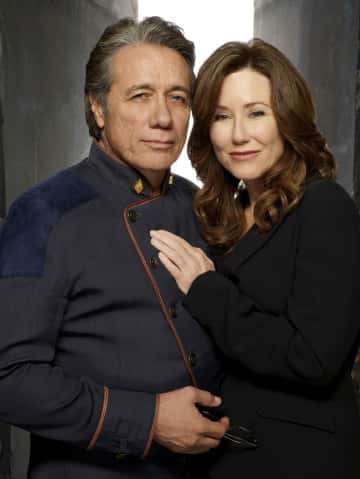 BATTLESTAR GALACTICA -- Pictured: (l-r) Edward James Olmos as Admiral William Adama, Mary McDonnell as Laura Roslin -- SCI FI Channel Photo: Justin Stephens