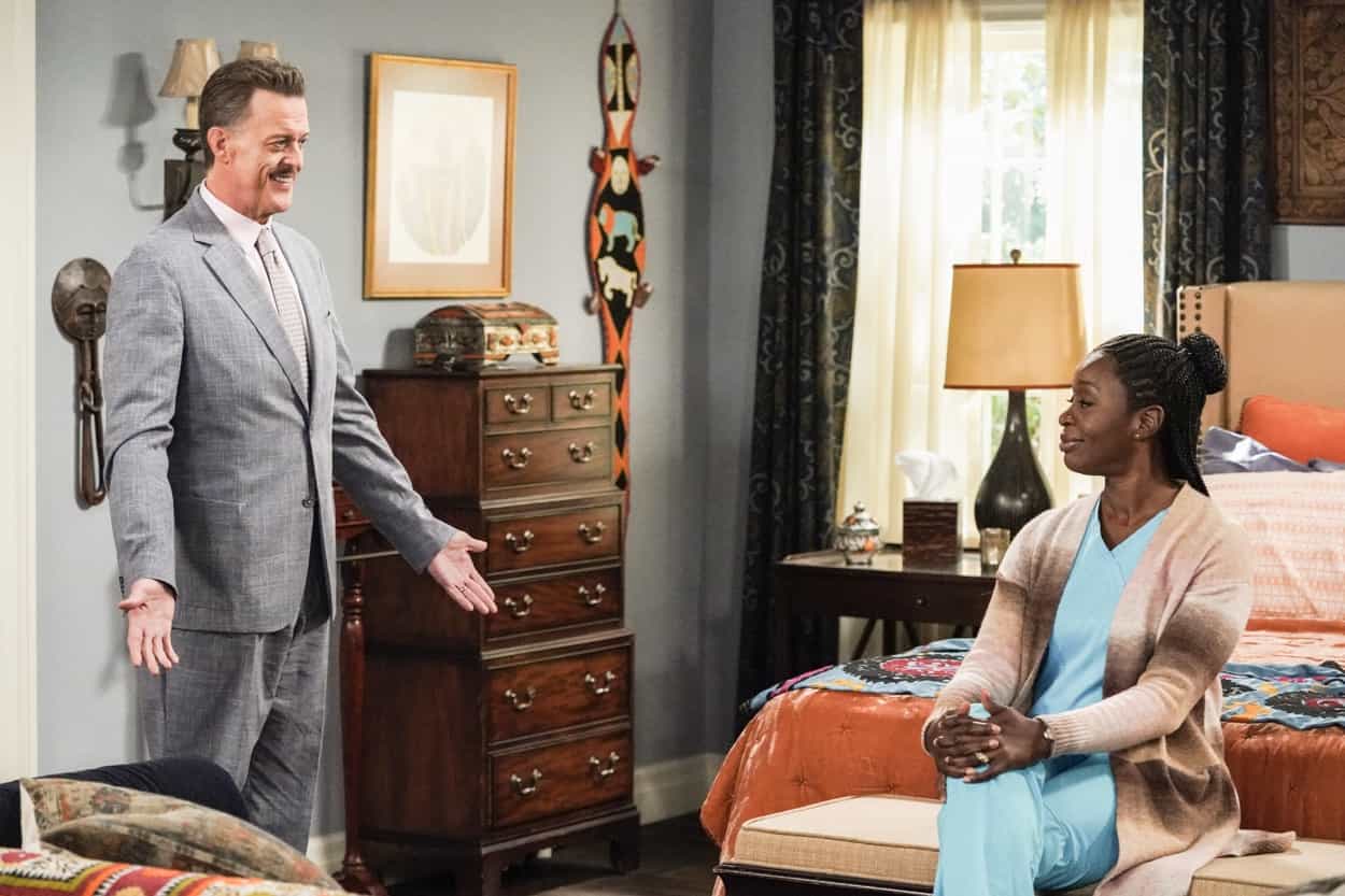 BOB HEARTS ABISHOLA Season 4 Episode 22 still “Uncharted Waters of Mediocrity” – Doubts begin to creep in as Abishola awaits her acceptance letter to the medical school of her dreams in Baltimore. Also, Bob battles his subconscious when he realizes he doesn’t want to leave Detroit, on the fourth season finale of the CBS Original series BOB ♥ ABISHOLA, Monday, May 22 (8:30-9:00 PM, ET/PT) on the CBS Television Network, and available to stream live and on demand on Paramount+*. Pictured L to R: Billy Gardell as Bob and Folake Olowofoyeku as Abishola. Photo: Michael Yarish/CBS ©2023 CBS Broadcasting, Inc. All Rights Reserved.