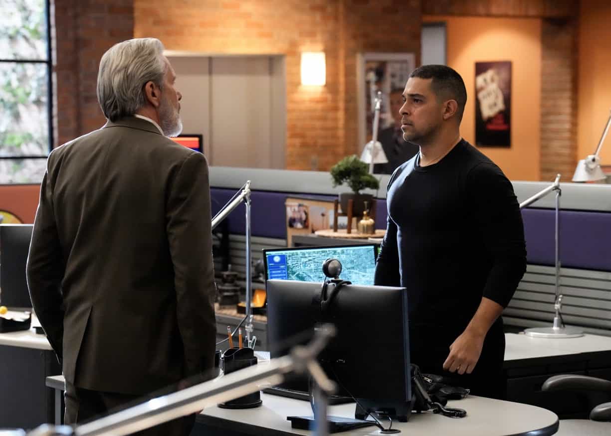 NCIS Season 21 Episode 1 photo “Algún Día” – The NCIS team must help Torres when he puts his future at stake by confronting the man who tormented his family when he was a child, on the 21st season premiere of the CBS Original series NCIS, Thursday, Feb. 12 (9:00-10:00 PM, ET/PT) on the CBS Television Network, and streaming on Paramount+ (live and on demand for Paramount+ with SHOWTIME subscribers, or on demand for Paramount+ Essential subscribers the day after the episode airs)*.  Pictured (L-R): Gary Cole as FBI Special Agent Alden Parker and Wilmer Valderrama as NCIS Special Agent Nicholas “Nick” Torres.  Photo: Robert Voets/CBS ©2023 CBS Broadcasting, Inc. All Rights Reserved.