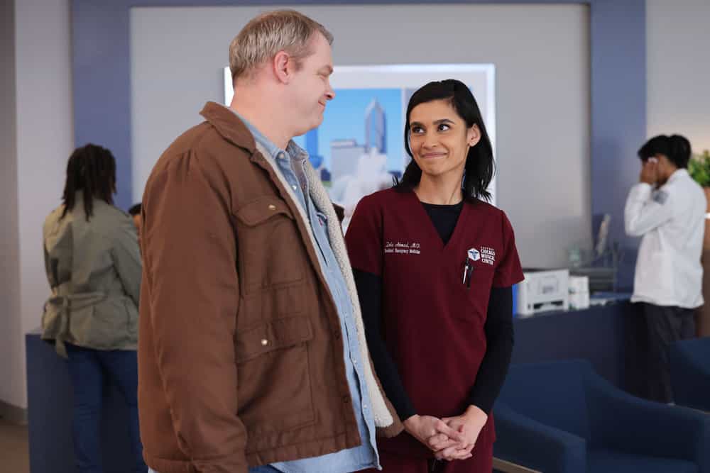 CHICAGO MED Season 9 Episode 4 -- "These Are Not the Droids You are Looking For" Episode 9004 -- Pictured: (l-r) Kiff Vandenheuvel as Floyd Bevans, Sophia Ali as Dr. Zola Ahmad -- (Photo by: George Burns Jr/NBC)