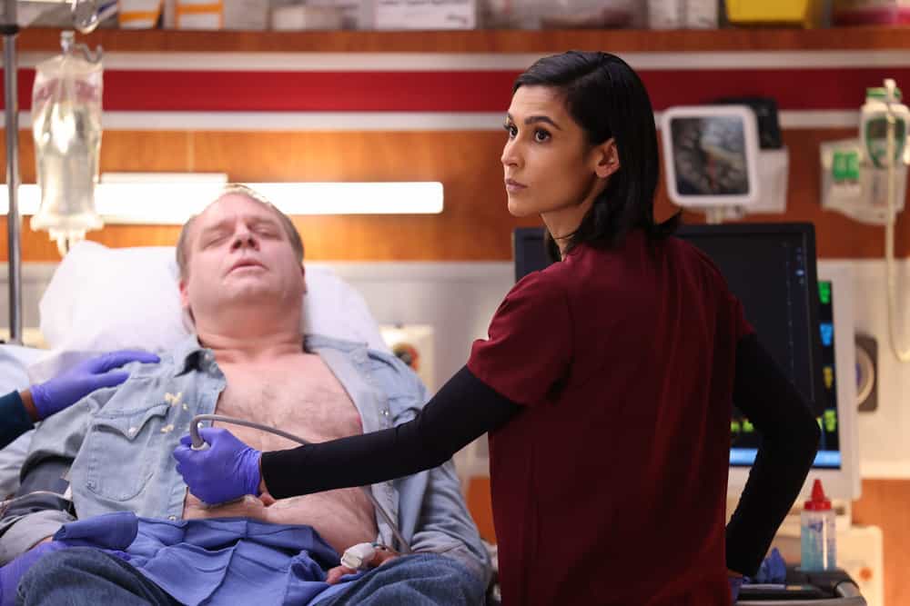 CHICAGO MED -- "These Are Not the Droids You are Looking For" Episode 9004 -- Pictured: (l-r) Kiff Vandenheuvel as Floyd Bevans, Sophia Ali as Dr. Zola Ahmad -- (Photo by: George Burns Jr/NBC)