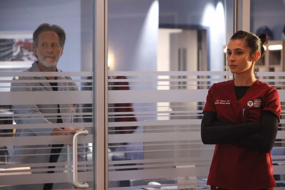 CHICAGO MED -- "These are Not the Droids You are Looking For" Episode 9004 -- Pictured: (l-r) Steven Webber as Dr. Dean Archer, Sophia Ali as Dr. Zola Ahmad -- (Photo by: Adrian S Burrows Sr/NBC)
