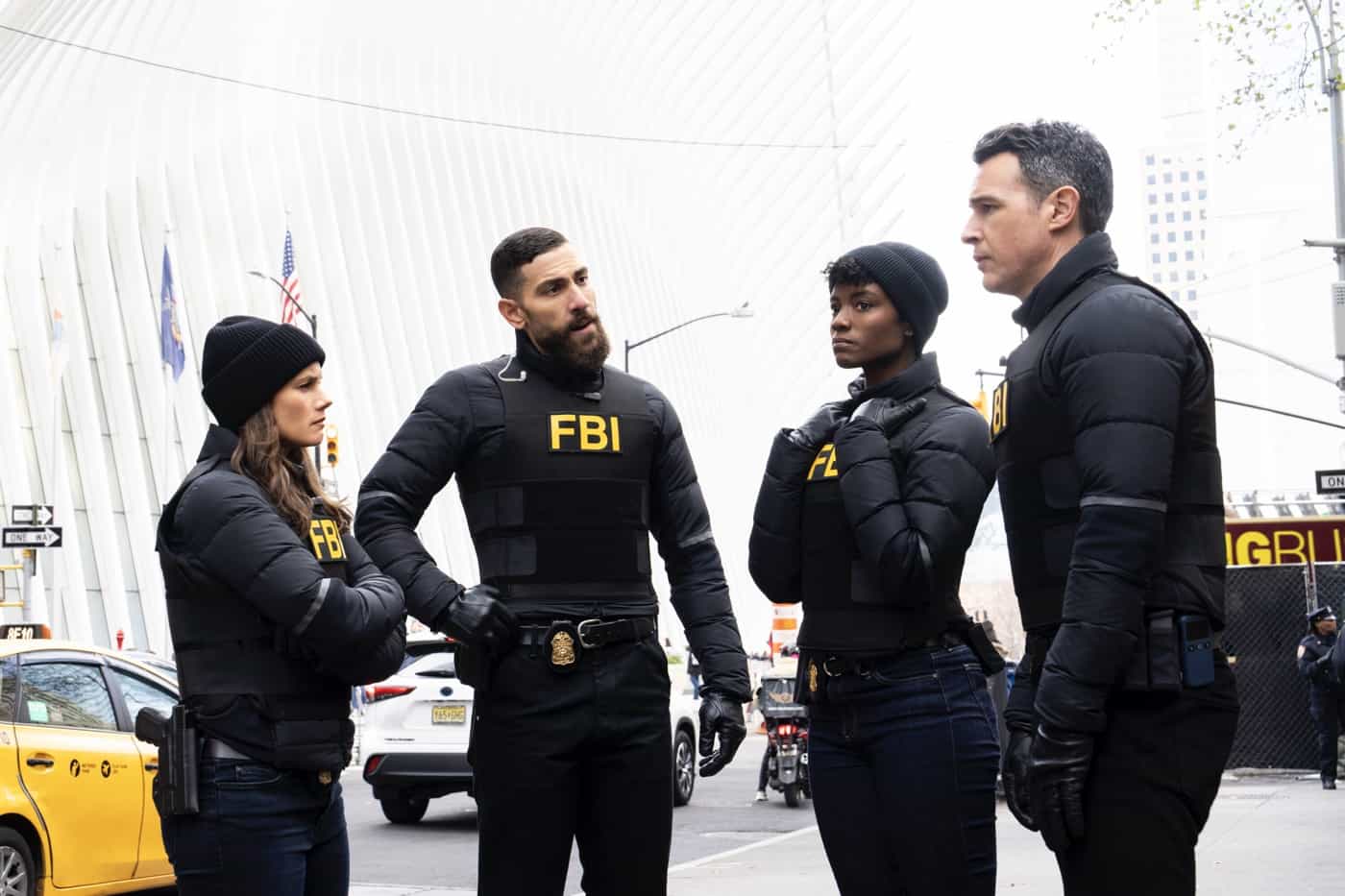 “All the Rage” – When a bus explosion kills several innocent people, the team jumps into action to take down the responsible terrorist organization. Meanwhile, Scola tries to balance fatherhood with the job, on the sixth season premiere of FBI, Tuesday, Feb 13 (8:00-9:00 PM, ET/PT) on the CBS Television Network, and streaming on Paramount+ (live and on demand for Paramount+ with SHOWTIME subscribers, or on demand for Paramount+ Essential subscribers the day after the episode airs).  Pictured (L-R): Missy Peregrym as Special Agent Maggie Bell, Zeeko Zaki as Special Agent Omar Adom ‘OA’ Zidan, Katherine Renee Kane as Special Agent Tiffany Wallace, and John Boyd as Special Agent Stuart Scola. Photo: Bennett Raglin/CBS ©2023 CBS Broadcasting, Inc. All Rights Reserved.