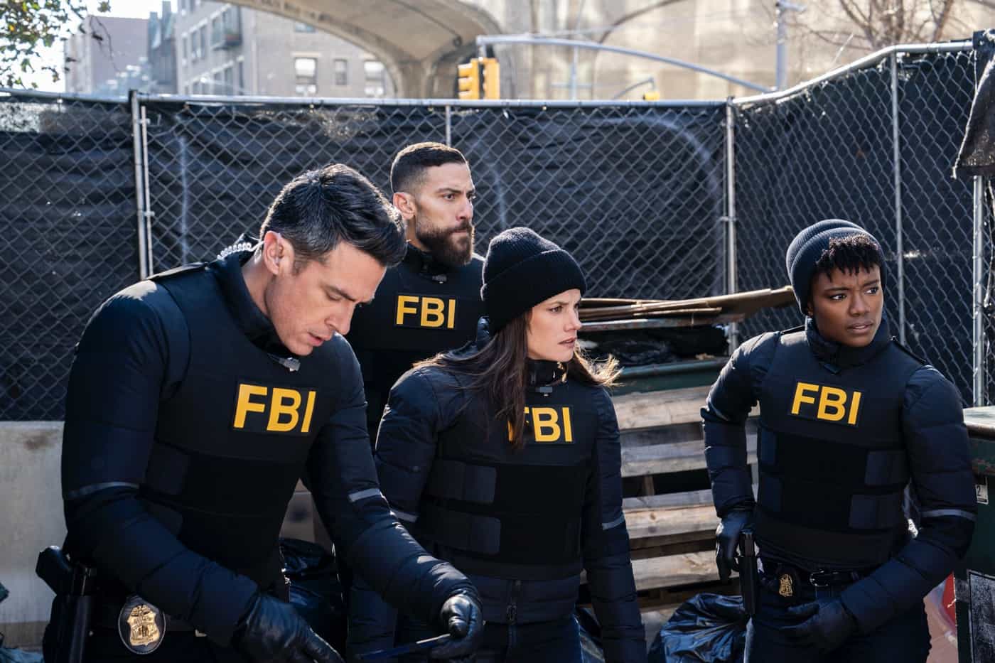 FBI s06e01 “All the Rage” – When a bus explosion kills several innocent people, the team jumps into action to take down the responsible terrorist organization. Meanwhile, Scola tries to balance fatherhood with the job, on the sixth season premiere of FBI, Tuesday, Feb 13 (8:00-9:00 PM, ET/PT) on the CBS Television Network, and streaming on Paramount+ (live and on demand for Paramount+ with SHOWTIME subscribers, or on demand for Paramount+ Essential subscribers the day after the episode airs).  Pictured (L-R): John Boyd as Special Agent Stuart Scola, Zeeko Zaki as Special Agent Omar Adom ‘OA’ Zidan, Missy Peregrym as Special Agent Maggie Bell, and Katherine Renee Kane as Special Agent Tiffany Wallace. Photo: Bennett Raglin/CBS ©2023 CBS Broadcasting, Inc. All Rights Reserved.