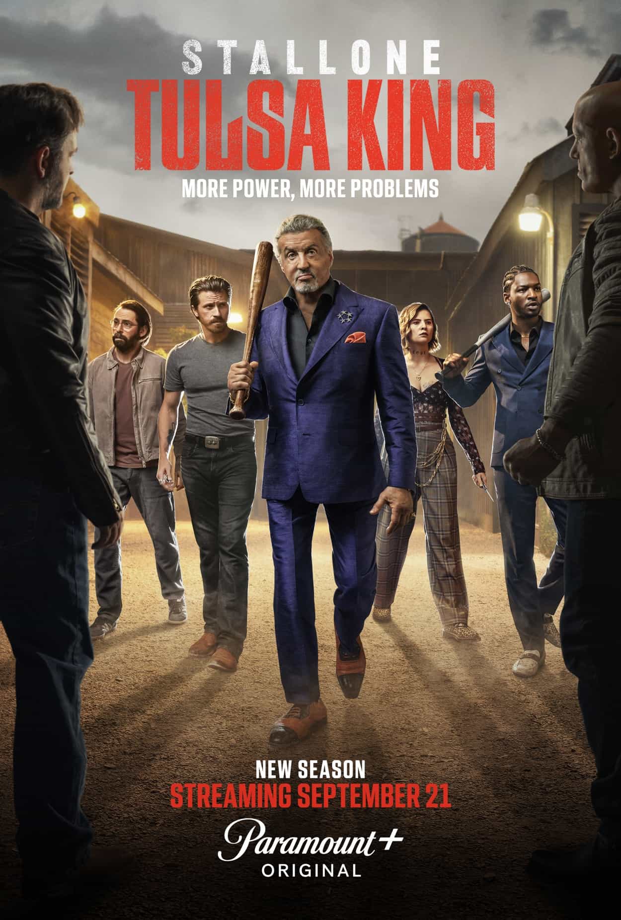 Tulsa King Season 3 PosterMartin Starr as Bodhi, Garrett Hedlund as Mitch, Sylvester Stallone as Dwight Manfredi, Mckenna Quigley Harrington as Grace and Jay Will as Tyson in season 5 key art for the Paramount+ original series TULSA KING. Photo Credit: Art Streiber/Paramount+. ©2025 Viacom International Inc. All Rights Reserved.
