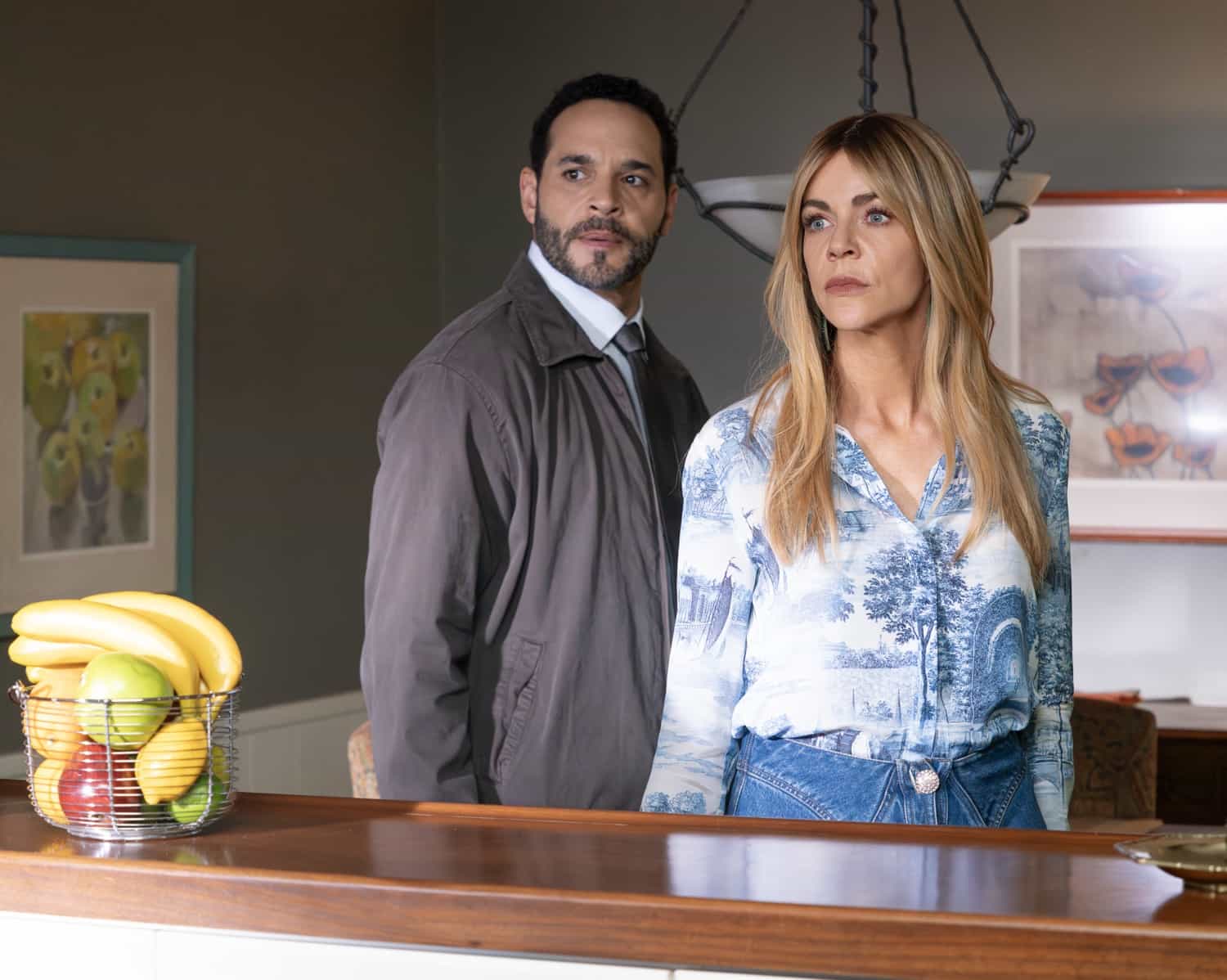 HIGH POTENTIAL Season 2 Episode 1 Picture - “Pawns” - While working tirelessly to shield her family from the Game Maker’s threats, another crime drags Morgan back into his game and the LAPD must decide whether to trust her instincts before the next move turns fatal. TUESDAY, SEPT. 16 (10:00-11:00 p.m. EDT) on ABC. (Disney/Jessica Perez) 
DANIEL SUNJATA, KAITLIN OLSON