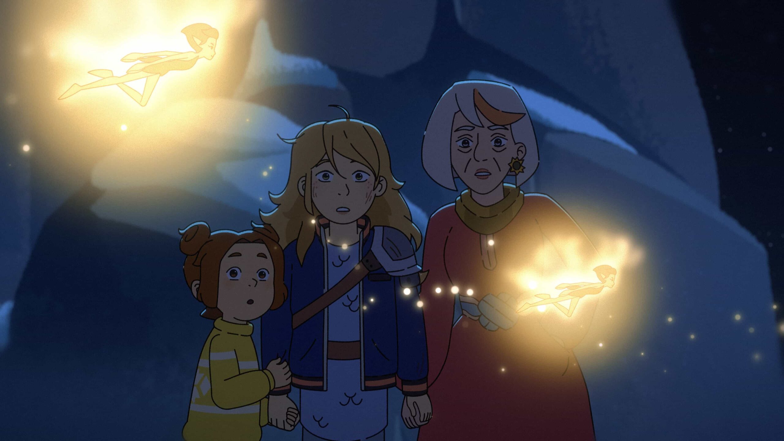 Daphne Grimm (voiced by Leah Newman), Sabrina Grimm (voiced by Ariel Winter) and Relda (voiced by Laraine Newman) in "The Sisters Grimm," premiering October 3, 2025 on Apple TV+.