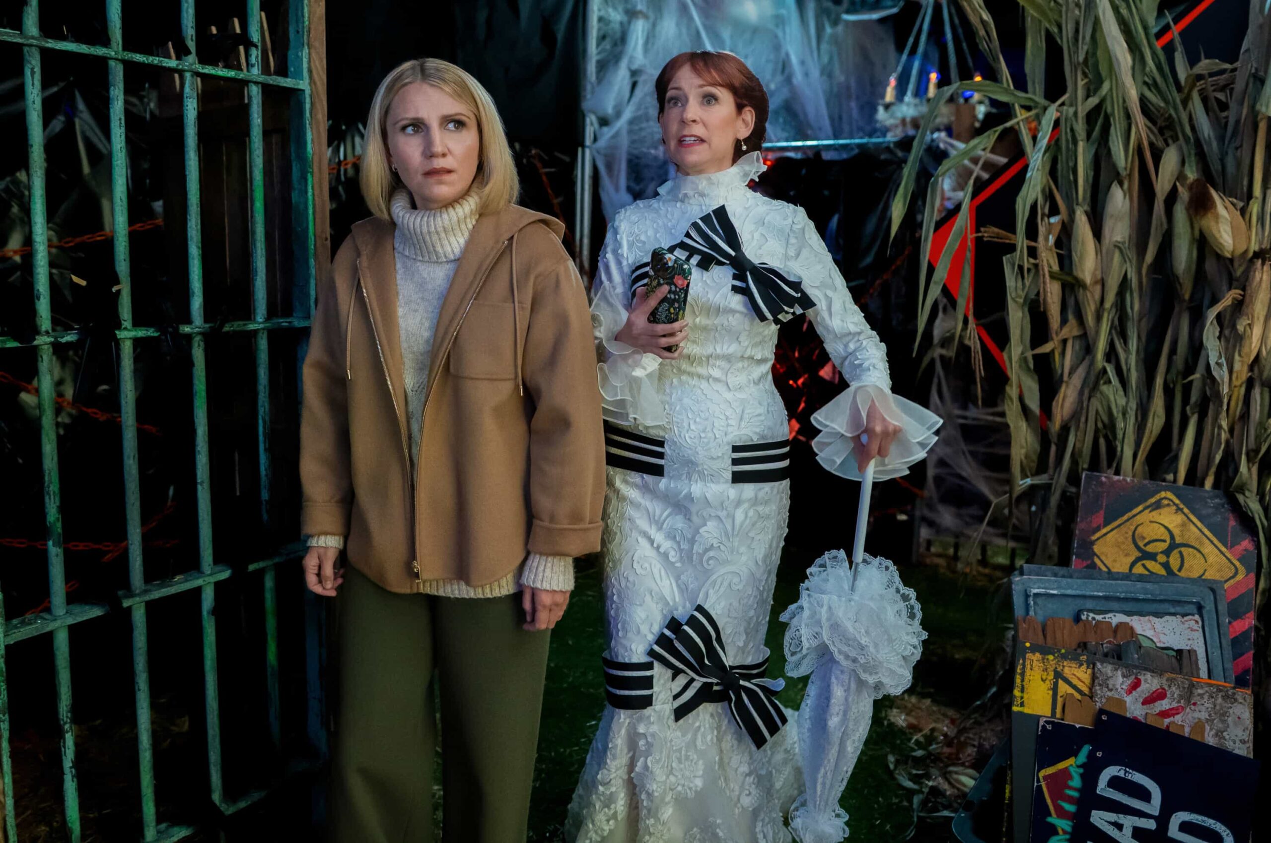 “Ick, A Bod” – Elsbeth must separate trick from treat in Sleepy Hollow when a rivalry reaches a ghoulish climax on Halloween night after a suburban housewife (Annaleigh Ashford) butts heads with a new neighbor. Meanwhile, Captain Wagner makes a frightening discovery about his daughter, on the CBS Original series ELSBETH, Thursday, Oct. 30 (10:00-11:00 PM, ET/PT) on the CBS Television Network and streaming on Paramount (live and on-demand for Paramount+ Premium plan subscribers, or on-demand for Paramount+ Essential subscribers the day after the episode airs).    Pictured (L-R):  Annaleigh Ashford as Sharon Norman and Carrie Preston as Elsbeth Tascioni  Photo: Michael Parmelee/CBS ©2025 CBS Broadcasting, Inc. All Rights Reserved.