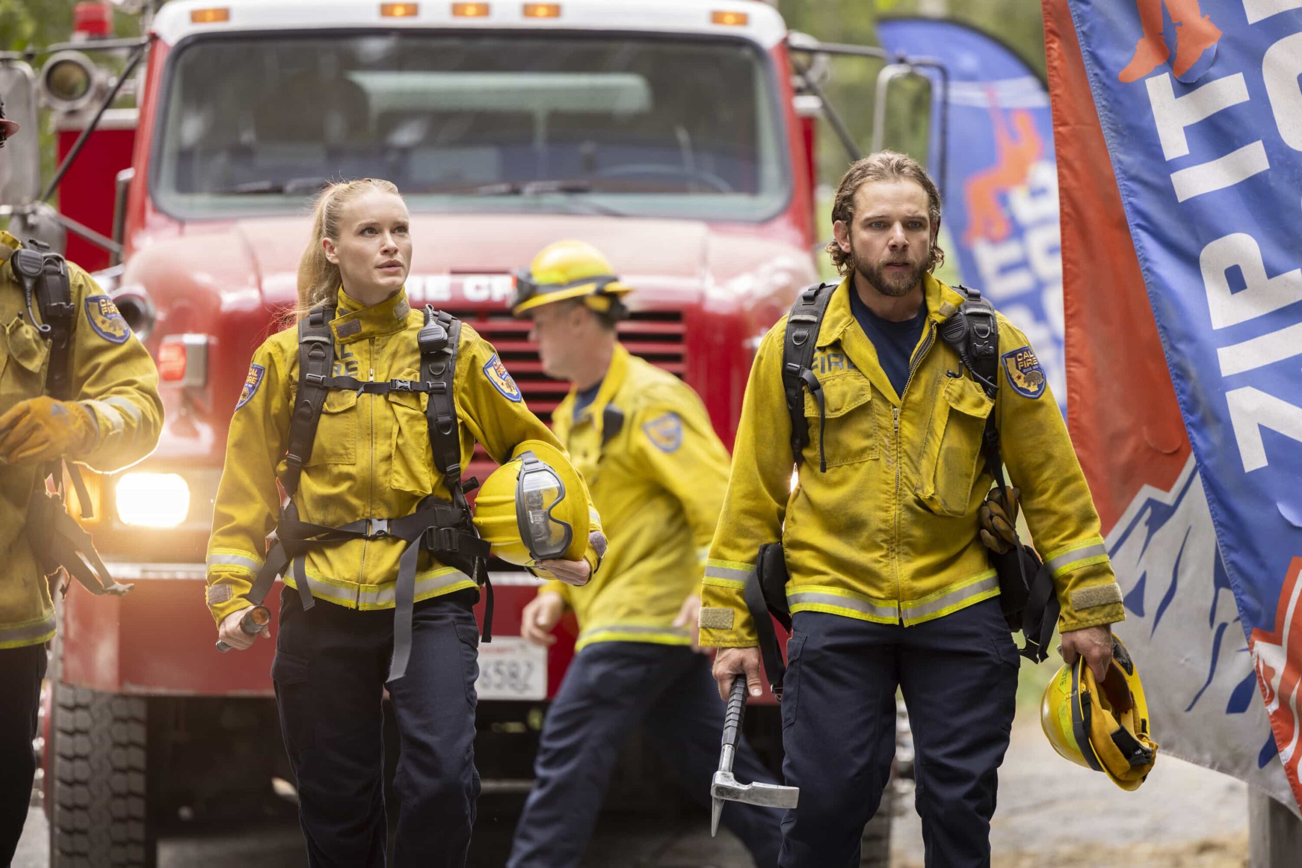 Fire Country Season 4 Episode 3 “The Tiny Ways We Start to Heal” – The Station 42 team responds to a dangerous zipline accident that escalates into a wildfire due to illegal fireworks. Meanwhile, Sharon struggles with letting go of Vince’s belongings and unexpectedly finds comfort in Vince’s ex, Renee (Constance Zimmer), on FIRE COUNTRY, Friday, Oct. 31 (9:00-10:00 PM, ET/PT) on the CBS Television Network, and streaming on Paramount+ (live and on-demand for Paramount+ Premium plan subscribers, or on-demand for Paramount+ Essential subscribers the day after the episode airs)*. Emmy® Award winner Shawn Hatosy guest stars as Battalion Chief Brett Richards. Pictured (L-R): Leven Rambin as Audrey James and Max Thieriot as Bode Leone. Photo: Eike Schroter/CBS ©2025 CBS Broadcasting, Inc. All Rights Reserved.
