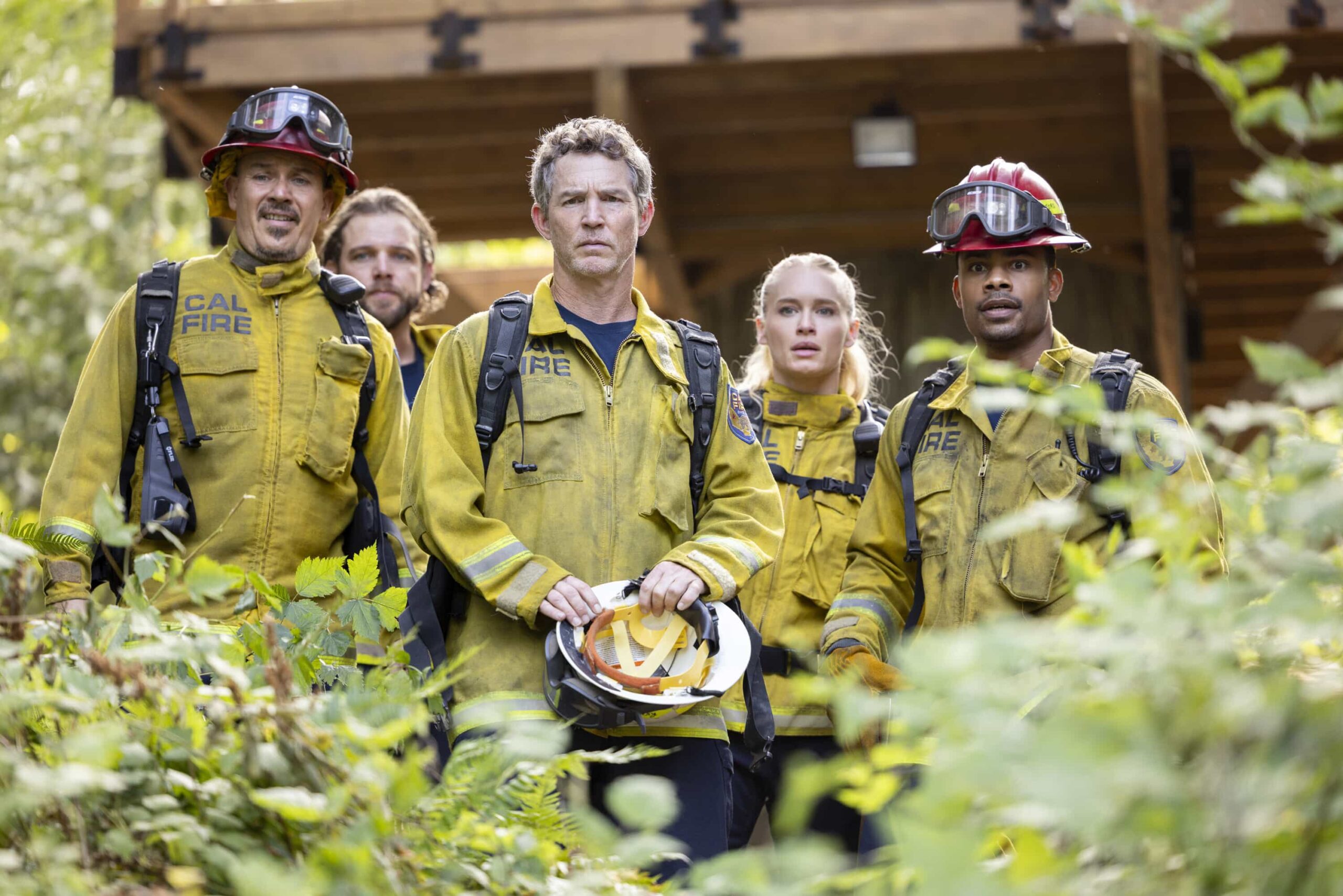 Fire Country Season 4 Episode 3 “The Tiny Ways We Start to Heal” – The Station 42 team responds to a dangerous zipline accident that escalates into a wildfire due to illegal fireworks. Meanwhile, Sharon struggles with letting go of Vince’s belongings and unexpectedly finds comfort in Vince’s ex, Renee (Constance Zimmer), on FIRE COUNTRY, Friday, Oct. 31 (9:00-10:00 PM, ET/PT) on the CBS Television Network, and streaming on Paramount+ (live and on-demand for Paramount+ Premium plan subscribers, or on-demand for Paramount+ Essential subscribers the day after the episode airs)*. Emmy® Award winner Shawn Hatosy guest stars as Battalion Chief Brett Richards. Pictured (L-R): Kevin Alejandro as Manny Perez, Shawn Hatosy as Brett Richards, Leven Rambin as Audrey James, and Jordan Calloway as Jake Crawford. Photo: Eike Schroter/CBS ©2025 CBS Broadcasting, Inc. All Rights Reserved.