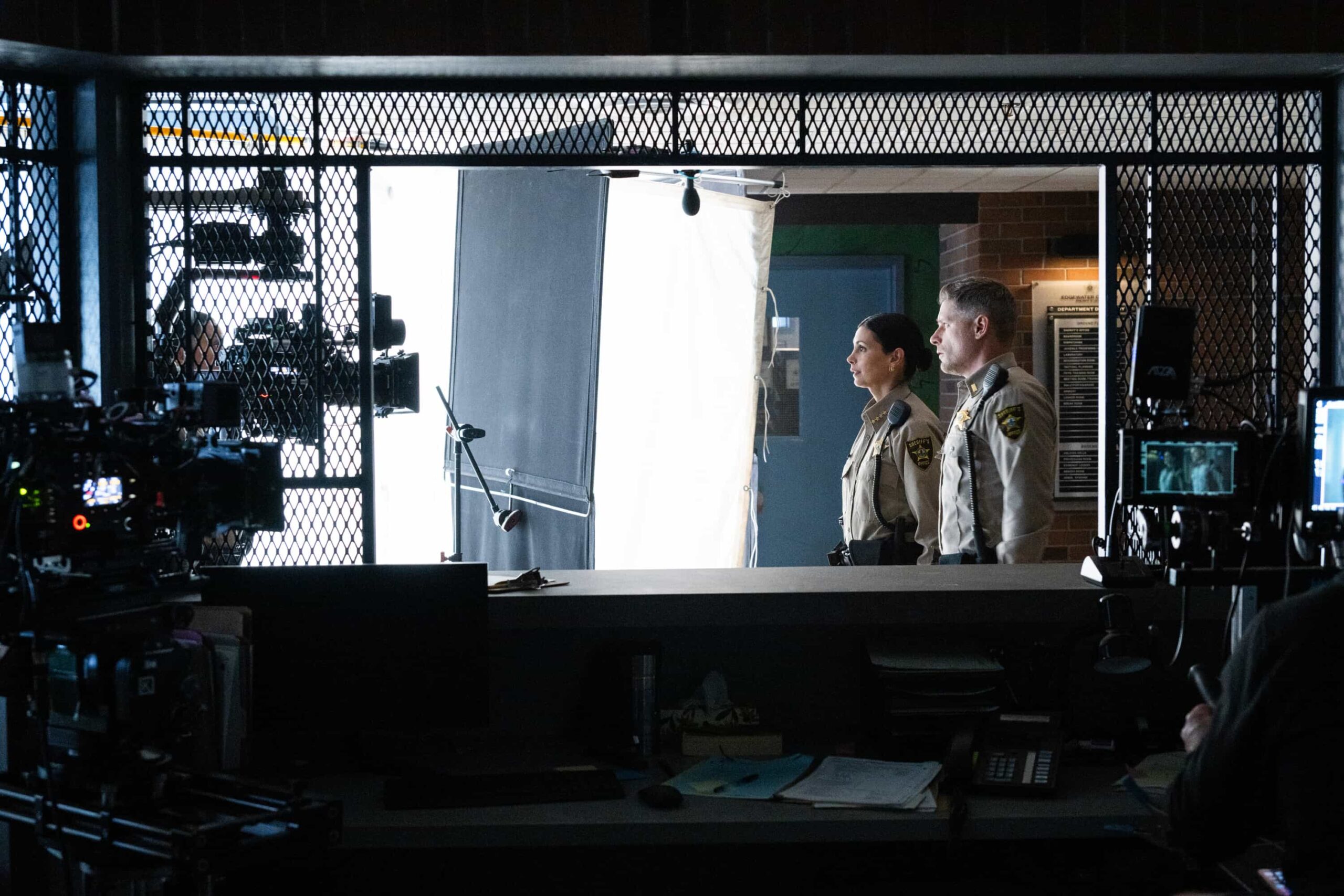 “The Sixth Man” – When a daring daylight robbery shakes the heart of Edgewater, Sheriff Mickey Fox must navigate rising tensions, personal entanglements and a town quick to judge. Meanwhile, suspicions swirl around her daughter, Skye, and her involvement in a high-profile murder case, on SHERIFF COUNTRY, Friday, Oct. 31 (8:00-9:00 PM, ET/PT) on the CBS Television Network, and streaming on Paramount+ (live and on-demand for Paramount+ Premium plan subscribers, or on-demand for Paramount+ Essential subscribers the day after the episode airs)*. Pictured: Morena Baccarin as Sheriff Mickey Fox and Matt Lauria as Nathan Boone. Photo: Christos Kalohoridis/CBS ©2025 CBS Broadcasting, Inc. All Rights Reserved.