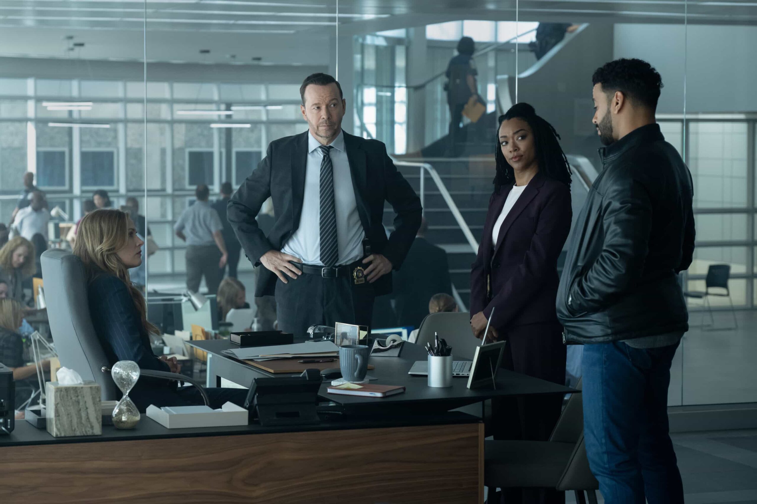 Boston Blue Season 1 Episode 3 “History” – A body found on the Boston wharf pulls Lena and Danny into a tense drug investigation alongside Lena’s former partner, Detective Brian Rodgers (Ryan Broussard), sparking personal and professional friction. Jonah and Sean chase down a missing man tied to a scavenger hunt, while Sarah and Mae navigate emotional challenges at home and in court, on BOSTON BLUE, Friday, Oct. 31 (10:00-11:00 PM, ET/PT) on the CBS Television Network, and streaming on Paramount+ (live and on-demand for Paramount+ subscribers, or on-demand for Paramount+ Essential subscribers the day after the episode airs)*. Pictured (L-R): Maggie Lawson as Sarah Silver, Donnie Wahlberg as Danny Reagan, Sonequa Martin-Green as Lena Silver, and Ryan Broussard as Det. Brian Rodgers Photo: Christos Kalohoridis/CBS ©2025 CBS Broadcasting, Inc. All Rights Reserved.