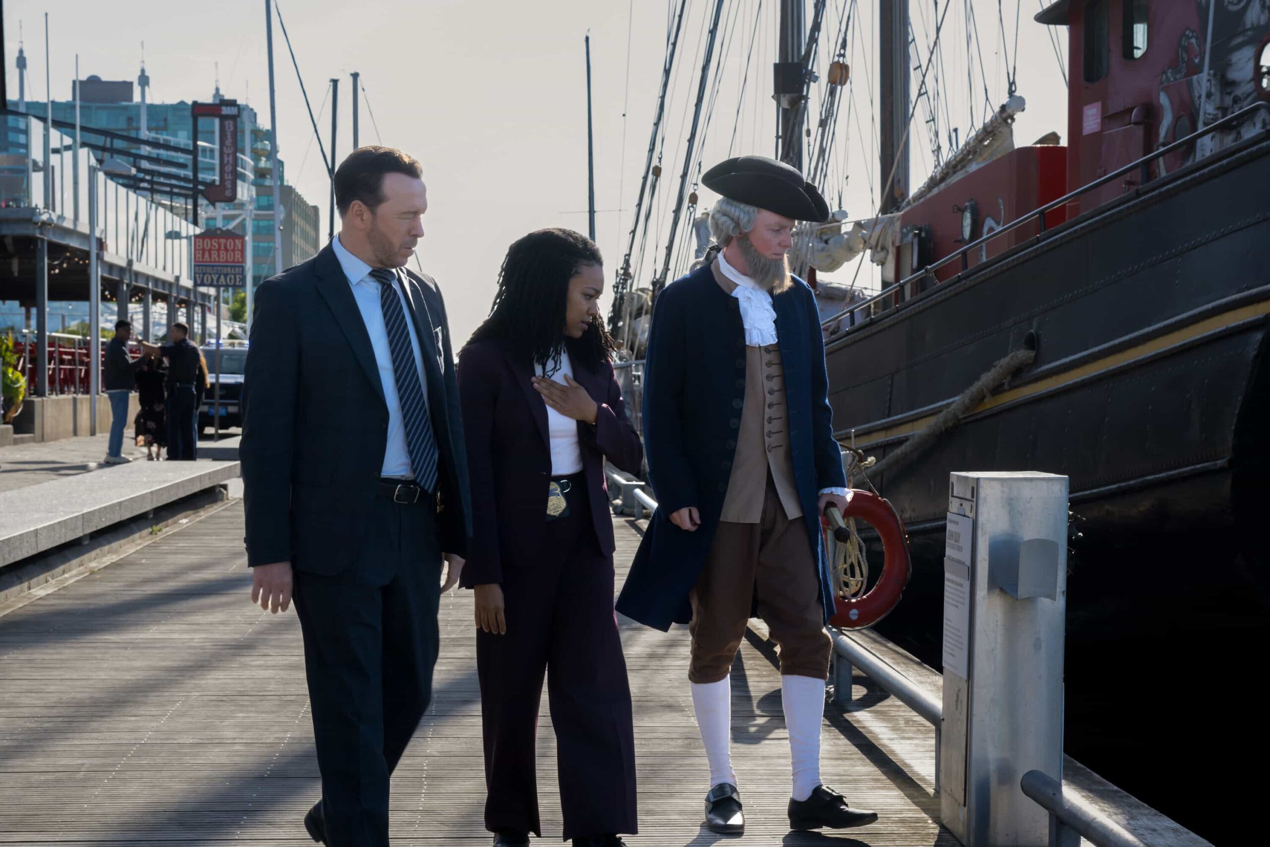 Boston Blue Season 1 Episode 3 “History” – A body found on the Boston wharf pulls Lena and Danny into a tense drug investigation alongside Lena’s former partner, Detective Brian Rodgers (Ryan Broussard), sparking personal and professional friction. Jonah and Sean chase down a missing man tied to a scavenger hunt, while Sarah and Mae navigate emotional challenges at home and in court, on BOSTON BLUE, Friday, Oct. 31 (10:00-11:00 PM, ET/PT) on the CBS Television Network, and streaming on Paramount+ (live and on-demand for Paramount+ subscribers, or on-demand for Paramount+ Essential subscribers the day after the episode airs)*.  Pictured (L-R): Donnie Wahlberg as Danny Reagan and Sonequa Martin-Green as Lena Silver  Photo: Christos Kalohoridis/CBS ©2025 CBS Broadcasting, Inc. All Rights Reserved.