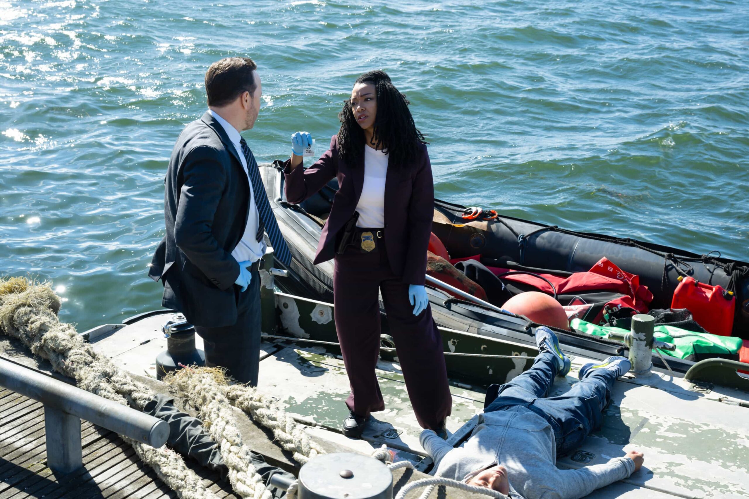 Boston Blue Season 1 Episode 3 “History” – A body found on the Boston wharf pulls Lena and Danny into a tense drug investigation alongside Lena’s former partner, Detective Brian Rodgers (Ryan Broussard), sparking personal and professional friction. Jonah and Sean chase down a missing man tied to a scavenger hunt, while Sarah and Mae navigate emotional challenges at home and in court, on BOSTON BLUE, Friday, Oct. 31 (10:00-11:00 PM, ET/PT) on the CBS Television Network, and streaming on Paramount+ (live and on-demand for Paramount+ subscribers, or on-demand for Paramount+ Essential subscribers the day after the episode airs)*. Pictured (L-R): Donnie Wahlberg as Danny Reagan and Sonequa Martin-Green as Lena Silver Photo: Christos Kalohoridis/CBS ©2025 CBS Broadcasting, Inc. All Rights Reserved.