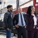 BOSTON BLUE Season 1 Episode 3 “History” – A body found on the Boston wharf pulls Lena and Danny into a tense drug investigation alongside Lena’s former partner, Detective Brian Rodgers (Ryan Broussard), sparking personal and professional friction. Jonah and Sean chase down a missing man tied to a scavenger hunt, while Sarah and Mae navigate emotional challenges at home and in court, on BOSTON BLUE, Friday, Oct. 31 (10:00-11:00 PM, ET/PT) on the CBS Television Network, and streaming on Paramount+ (live and on-demand for Paramount+ subscribers, or on-demand for Paramount+ Essential subscribers the day after the episode airs)*. Pictured (L-R): Ryan Broussard as Det. Brian Rodgers, Donnie Wahlberg as Danny Reagan, and Sonequa Martin-Green as Lena Silver Photo: Christos Kalohoridis/CBS ©2025 CBS Broadcasting, Inc. All Rights Reserved.