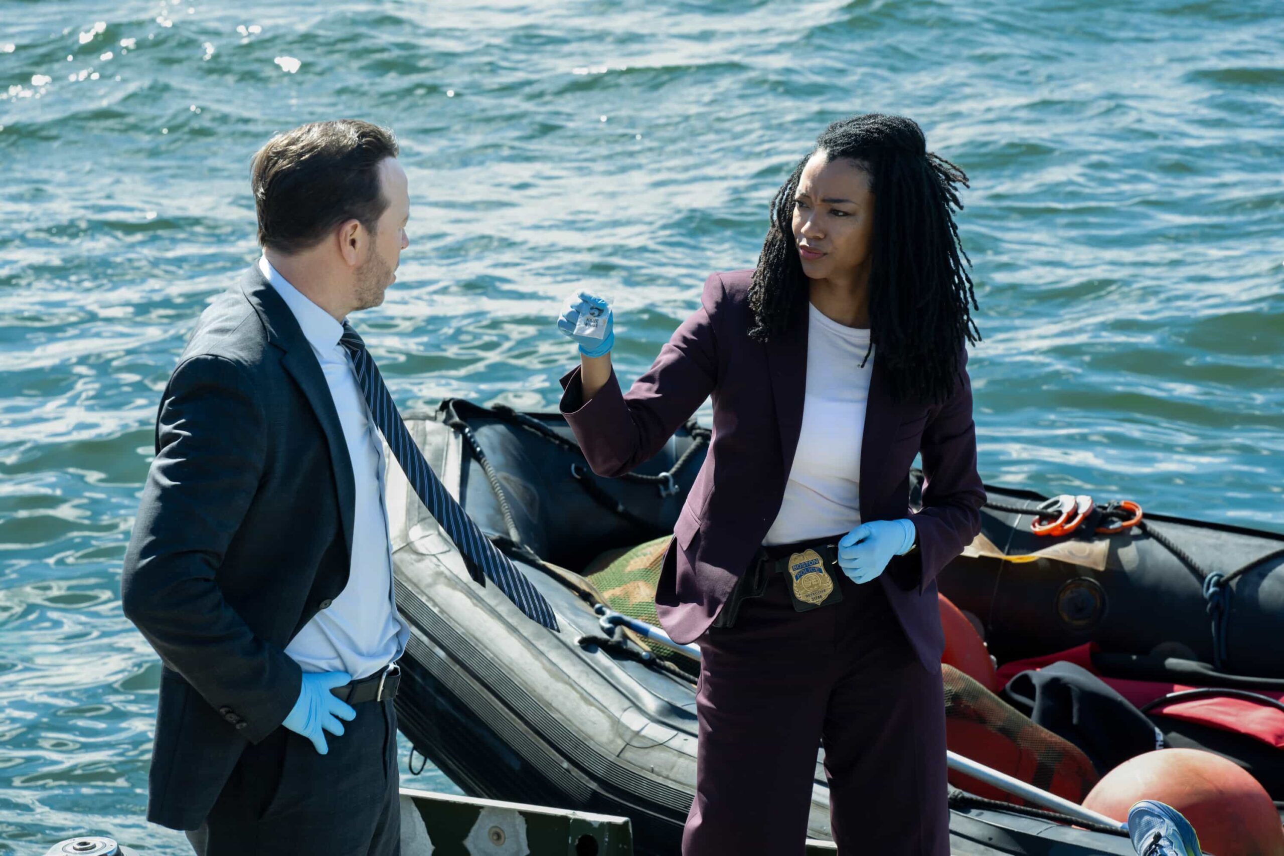 Boston Blue Season 1 Episode 3 “History” – A body found on the Boston wharf pulls Lena and Danny into a tense drug investigation alongside Lena’s former partner, Detective Brian Rodgers (Ryan Broussard), sparking personal and professional friction. Jonah and Sean chase down a missing man tied to a scavenger hunt, while Sarah and Mae navigate emotional challenges at home and in court, on BOSTON BLUE, Friday, Oct. 31 (10:00-11:00 PM, ET/PT) on the CBS Television Network, and streaming on Paramount+ (live and on-demand for Paramount+ subscribers, or on-demand for Paramount+ Essential subscribers the day after the episode airs)*.  Pictured (L-R): Donnie Wahlberg as Danny Reagan and Sonequa Martin-Green as Lena Silver  Photo: Christos Kalohoridis/CBS ©2025 CBS Broadcasting, Inc. All Rights Reserved.