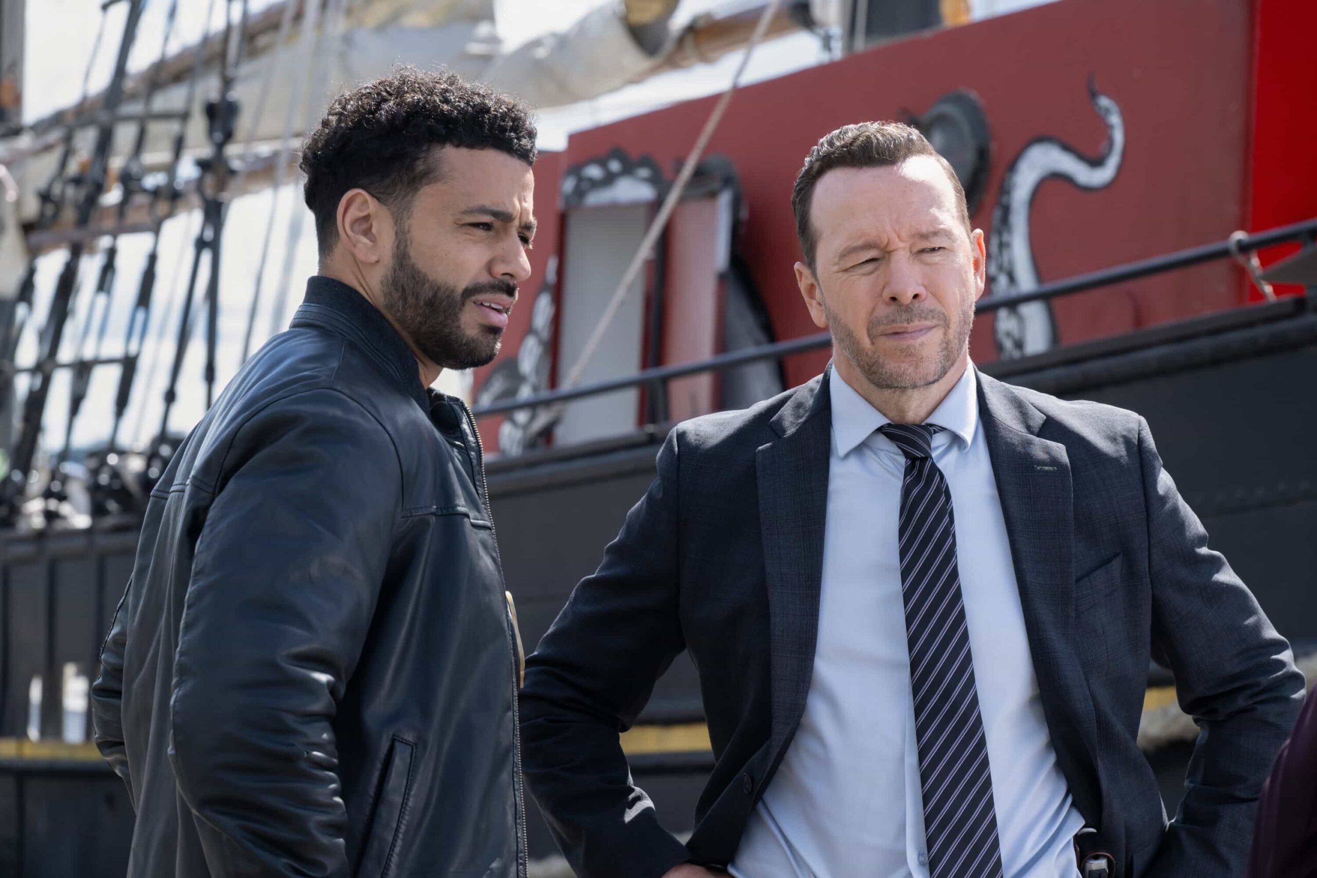 Boston Blue Season 1 Episode 3 “History” – A body found on the Boston wharf pulls Lena and Danny into a tense drug investigation alongside Lena’s former partner, Detective Brian Rodgers (Ryan Broussard), sparking personal and professional friction. Jonah and Sean chase down a missing man tied to a scavenger hunt, while Sarah and Mae navigate emotional challenges at home and in court, on BOSTON BLUE, Friday, Oct. 31 (10:00-11:00 PM, ET/PT) on the CBS Television Network, and streaming on Paramount+ (live and on-demand for Paramount+ subscribers, or on-demand for Paramount+ Essential subscribers the day after the episode airs)*.  Pictured (L-R): Ryan Broussard as Det. Brian Rodgers and Donnie Wahlberg as Danny Reagan  Photo: Christos Kalohoridis/CBS ©2025 CBS Broadcasting, Inc. All Rights Reserved.