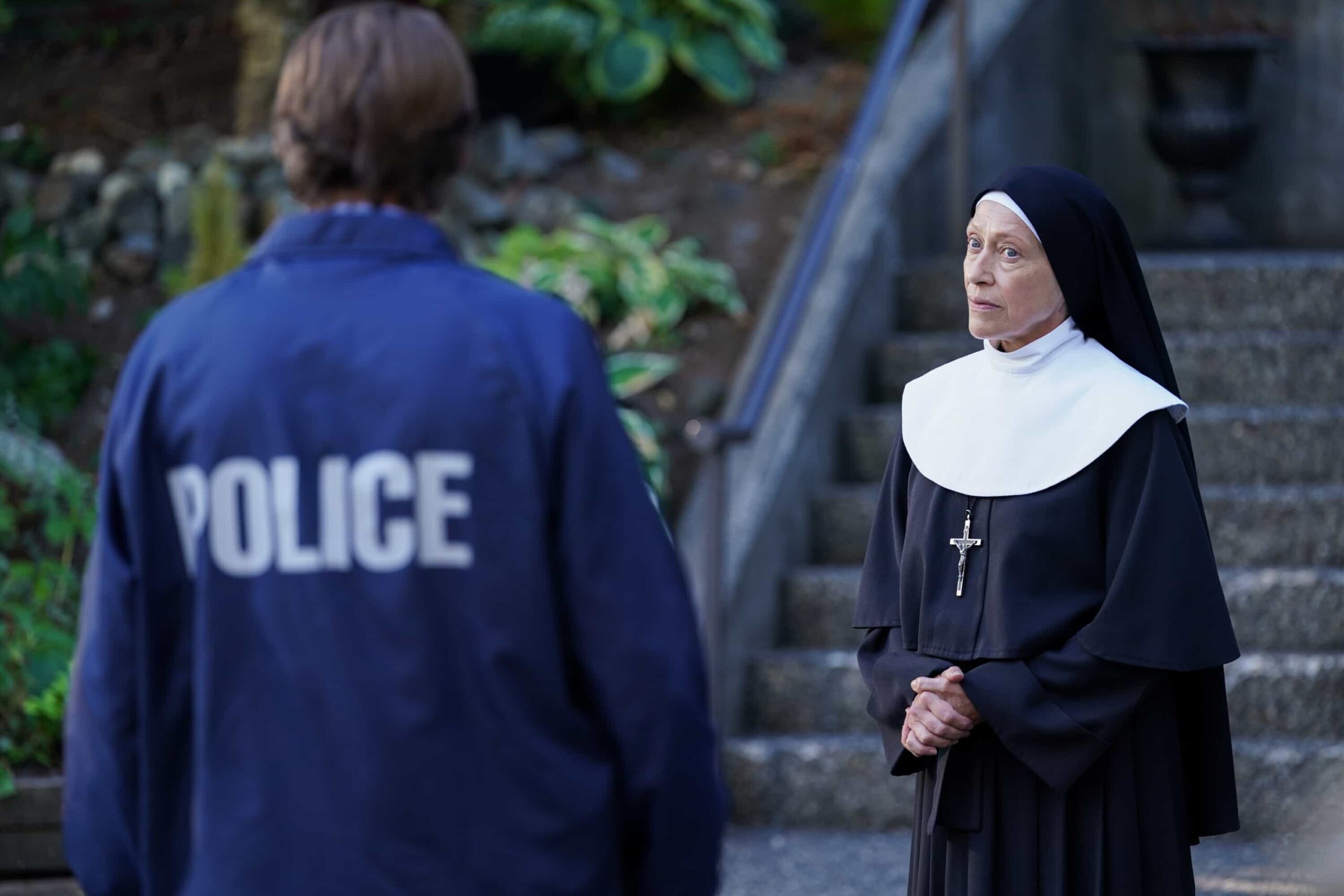 “First Fire” – On Halloween night, when a nurse is murdered and arsonist Heston Koontz disappears from a psychiatric facility, Colter follows a trail of unsettling clues to uncover the truth with assistance from local officer Dundee on TRACKER, Sunday, Nov. 2 (8:30-9:30 PM, ET/PT) on the CBS Television Network, and streaming on Paramount+ (live and on-demand for Paramount+ Premium plan subscribers, or on-demand for Paramount+ Essential subscribers the day after the episode airs)*. Pictured: Karin Konoval as Mother Superior. Photo: Darko Sikman/CBS ©2025 CBS Broadcasting, Inc. All Rights Reserved.