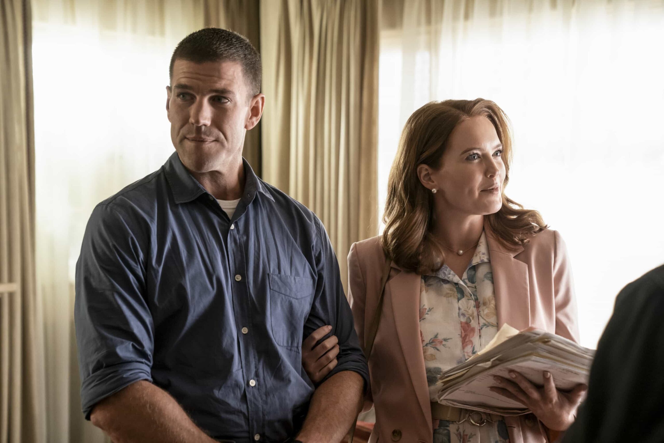 NCIS: Origins Season 2 Episode 4 “No Man Left Behind” – Tensions rise when Franks’ estranged older brother, Mason (guest star Philip Winchester), blows into town, desperate for help after hitting rock bottom. Also, the team investigates the robbery of a Navy bank while Lala, still struggling after her accident, makes a decision about her future, on NCIS: ORIGINS, Tuesday, Nov. 4 (9:00-10:00 PM, ET/PT) on the CBS Television Network, and streaming on Paramount+ (live and on demand for Paramount+ Premium plan subscribers, or on demand for Paramount+ Essential subscribers the day after the episode airs)*.  Pictured (L-R): Austin Stowell as Leroy Jethro Gibbs and Kathleen Kenny as Diane Sterling.  Photo: Erik Voake/CBS ©2025 CBS Broadcasting, Inc. All Rights Reserved.