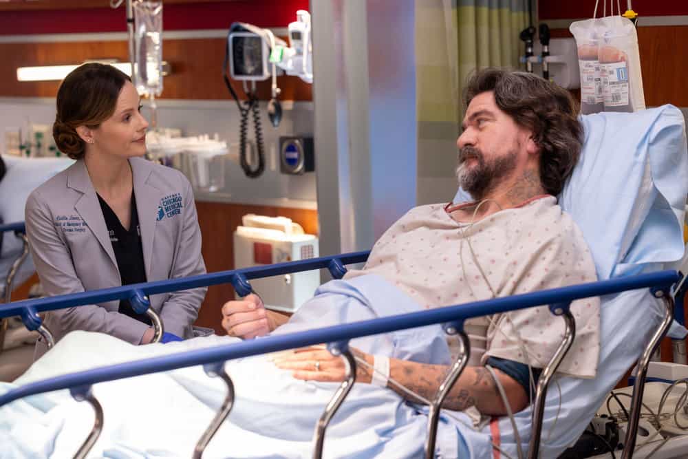 Chicago Med Season 11 Episode 6 “The Story of Us” – Family Drama and Medical Crises Unfold 5 CHICAGO MED -- "The Story of Us" Episode 1106 -- Pictured: (l-r) Sarah Ramos as Dr. Caitlin Lenox, Charles Halford as Jabo Higgins -- (Photo by: George Burns Jr/NBC)