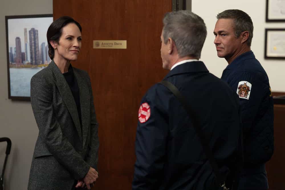 CHICAGO FIRE Season 14 Episode 6 -- "Broken Things" Episode 1406 -- Pictured: (l-r) Annabeth Gish as Annette Davis, Dermot Mulroney as Dom Pascal, Taylor Kinney as Kelly Severide, -- (Photo by: Peter Gordon/NBC)