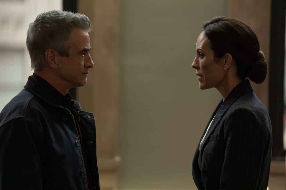 CHICAGO FIRE -- "Broken Things" Episode 1406 -- Pictured: (l-r) Dermot Mulroney as Dom Pascal, Annabeth Gish as Annette Davis  -- (Photo by: Peter Gordon/NBC)