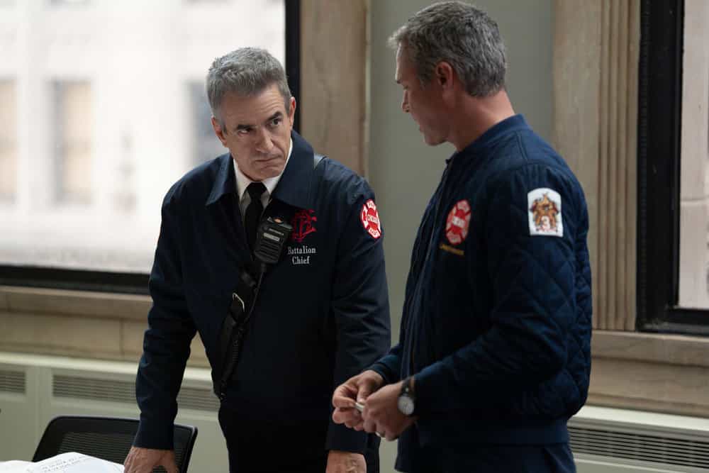 CHICAGO FIRE -- "Broken Things" Episode 1406 -- Pictured: (l-r) Dermot Mulroney as Dom Pascal, Taylor Kinny as Kelly Severide  -- (Photo by: Peter Gordon/NBC)