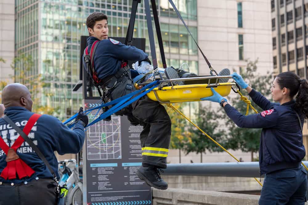 CHICAGO FIRE -- "Broken Things" Episode 1406 -- Pictured: (l-r) Brandon Larracuente as Firefighter Sal Vasquez, Hanako Greensmith as Violet Mikami -- (Photo by: Peter Gordon/NBC)