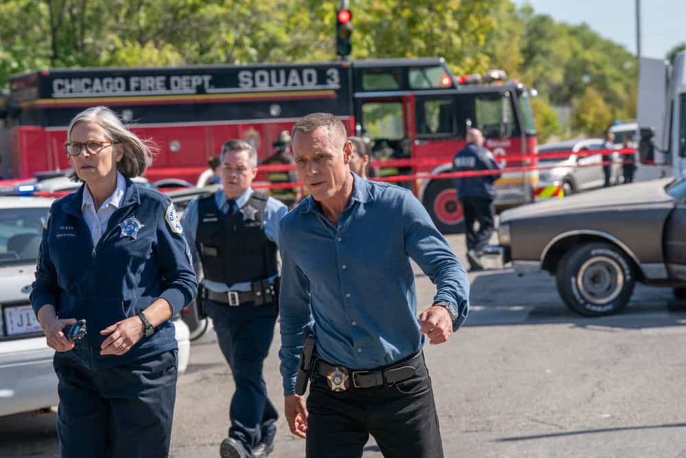 CHICAGO P.D. Season 13 Episode 6 -- "Send Me" Episode 1306 -- Pictured: (l-r) Amy Morton as Trudy Platt, Jason Beghe as Hank Voight -- (Photo by: Elizabeth Sisson/NBC)