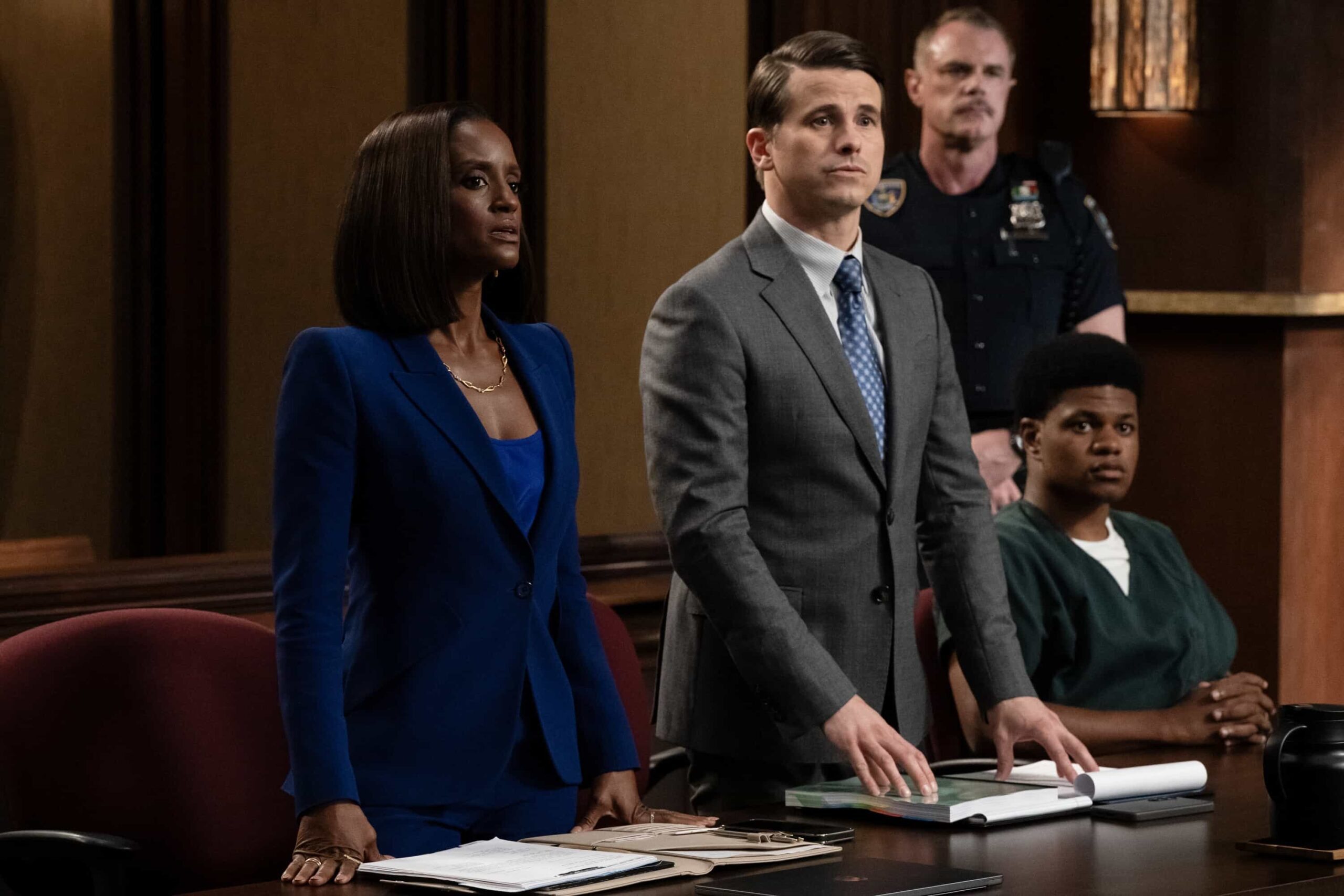 “Mousetrap” – Matty and Olympia race to protect each other from Julian’s suspicions as they also work on the resentencing case of a teenager sentenced as an adult to life, on MATLOCK, Thursday, Nov. 6 (9:01-10:00 PM, ET/PT) on the CBS Television Network, and streaming on Paramount+ (live and on-demand for Paramount+ Premium plan subscribers, or on-demand for Paramount+ Essential subscribers the day after the episode airs)*.  Pictured (L-R): Skye P. Marshall as “Olympia Lawrence” and Jason Ritter as “Julian Markston”.  Photo credit: Michael Yarish/CBS ©2025 CBS Broadcasting, Inc. All Rights Reserved.