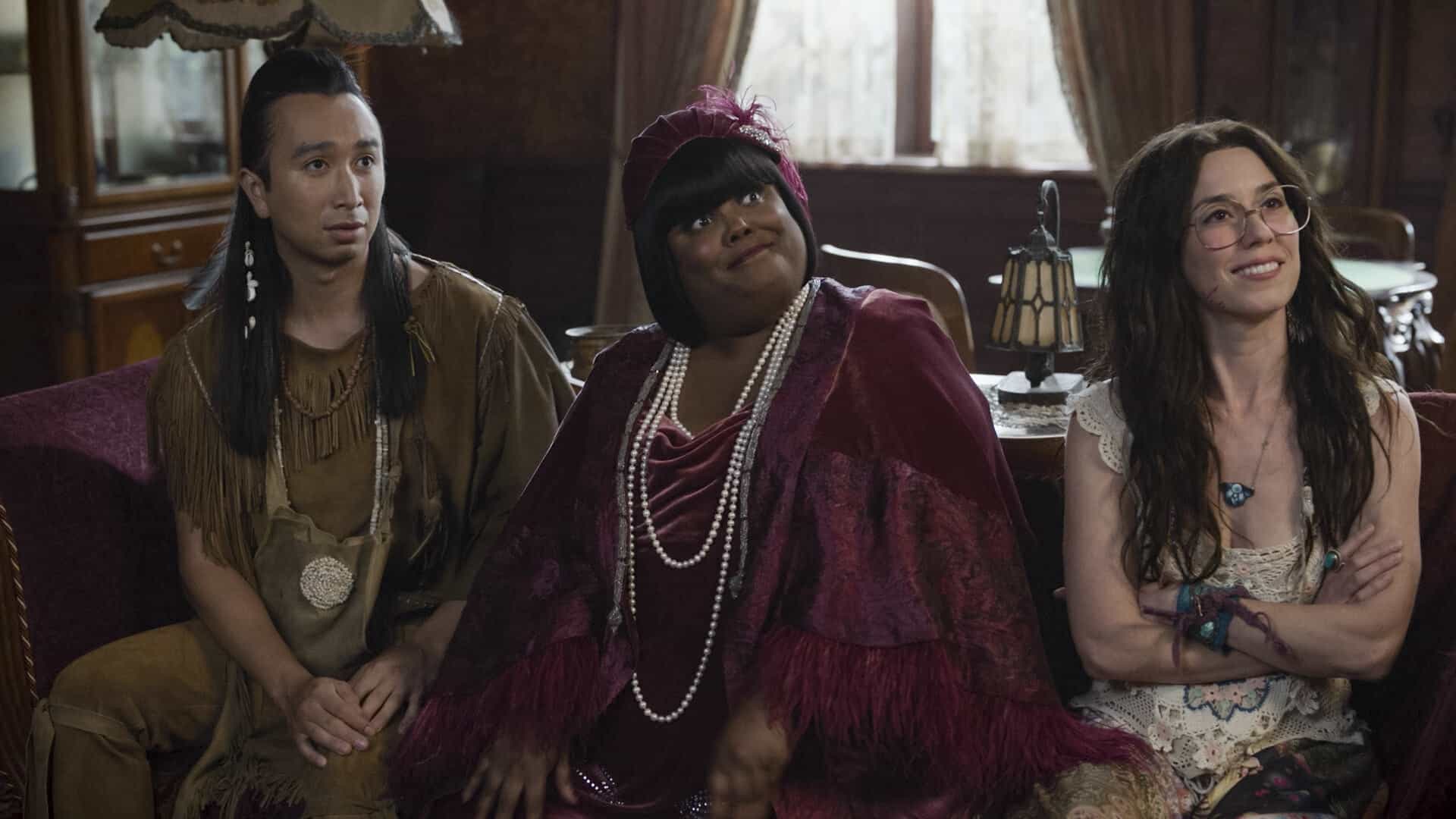 “Bring Your Daughter to Work Day” – Trevor finds a way to spend more time with his newly discovered daughter, Abby (Gideon Adlon), by getting her at job at Jay’s restaurant, on GHOSTS, Thursday, Nov. 6 (8:31-9:01 PM, ET/PT) on the CBS Television Network, and streaming on Paramount+ (live and on-demand for Paramount+ Premium plan subscribers, or on-demand for Paramount+ Essential subscribers the day after the episode airs)*.  Pictured (L-R): Román Zaragoza as Sasappis, Danielle Pinnock as Alberta, and Sheila Carrasco as Flower.  Photo: CBS ©2025 CBS Broadcasting, Inc. All Rights Reserved. Highest quality screengrab available.