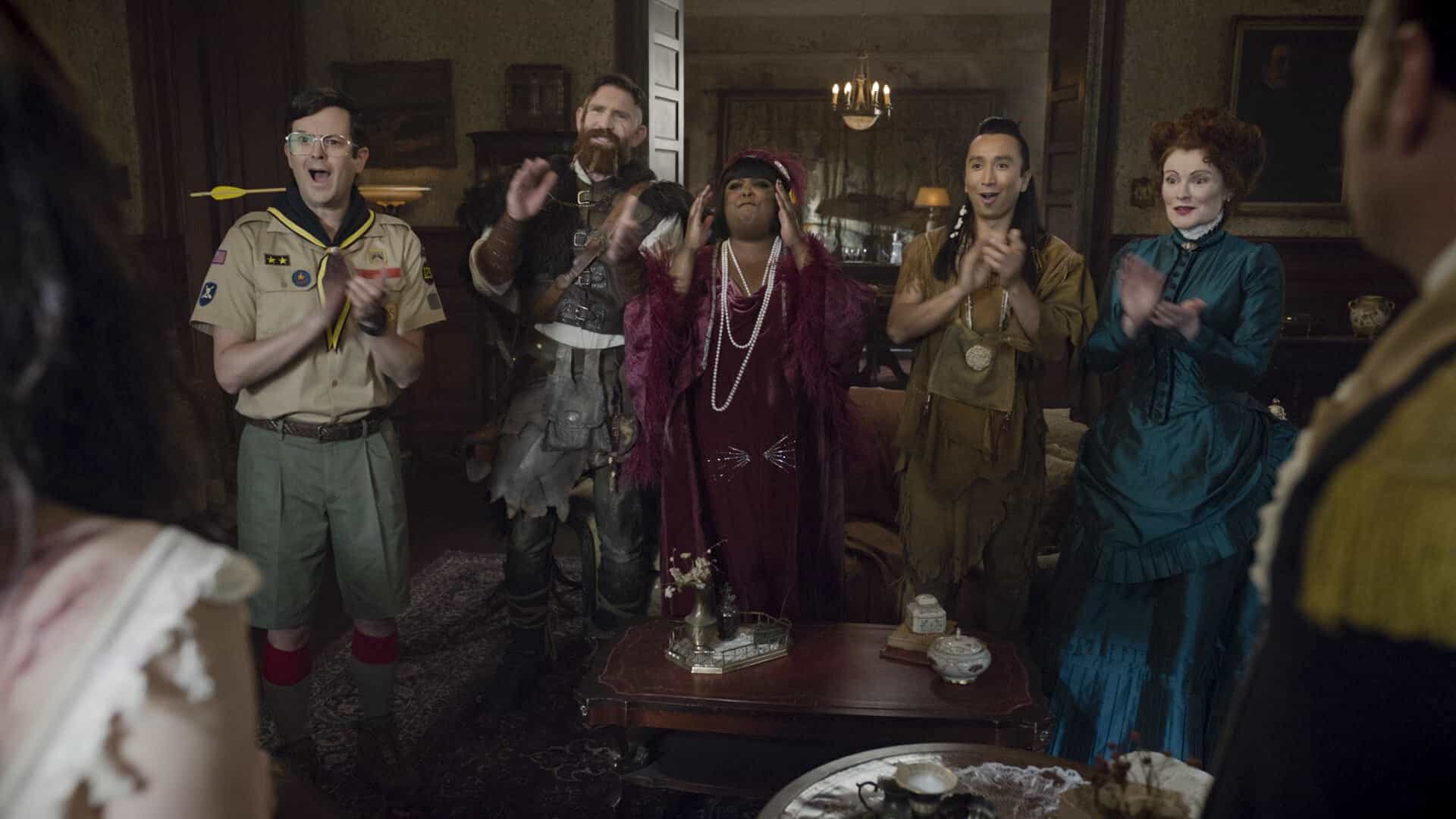 “Bring Your Daughter to Work Day” – Trevor finds a way to spend more time with his newly discovered daughter, Abby (Gideon Adlon), by getting her at job at Jay’s restaurant, on GHOSTS, Thursday, Nov. 6 (8:31-9:01 PM, ET/PT) on the CBS Television Network, and streaming on Paramount+ (live and on-demand for Paramount+ Premium plan subscribers, or on-demand for Paramount+ Essential subscribers the day after the episode airs)*.  Pictured (L-R): Richie Moriarty as Pete, Devan Chandler Long as Thorfinn, Danielle Pinnock as Alberta, Román Zaragoza as Sasappis, and Rebecca Wisocky as Hetty.  Photo: CBS ©2025 CBS Broadcasting, Inc. All Rights Reserved. Highest quality screengrab available.