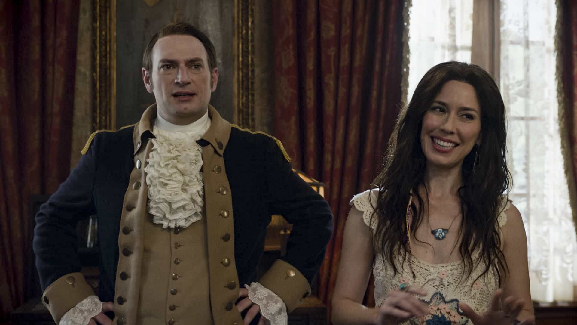 Ghosts Season 5 Episode 4 “Bring Your Daughter to Work Day” – Trevor finds a way to spend more time with his newly discovered daughter, Abby (Gideon Adlon), by getting her at job at Jay’s restaurant, on GHOSTS, Thursday, Nov. 6 (8:31-9:01 PM, ET/PT) on the CBS Television Network, and streaming on Paramount+ (live and on-demand for Paramount+ Premium plan subscribers, or on-demand for Paramount+ Essential subscribers the day after the episode airs)*.  Pictured (L-R): Brandon Scott Jones as Isaac and Sheila Carrasco as Flower.  Photo: CBS ©2025 CBS Broadcasting, Inc. All Rights Reserved. Highest quality screengrab available.