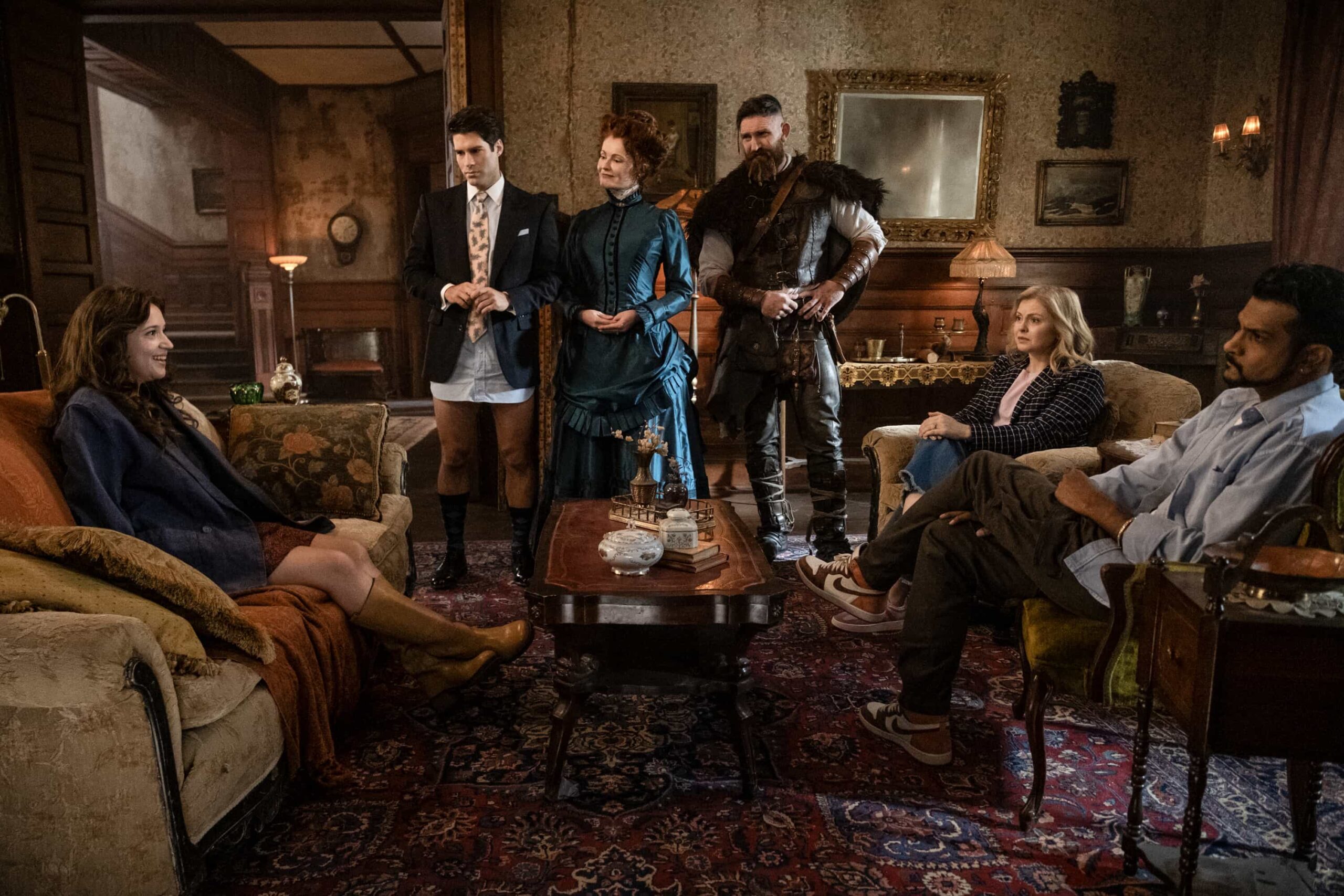 “Bring Your Daughter to Work Day” – Trevor finds a way to spend more time with his newly discovered daughter, Abby (Gideon Adlon), by getting her at job at Jay’s restaurant, on GHOSTS, Thursday, Nov. 6 (8:31-9:01 PM, ET/PT) on the CBS Television Network, and streaming on Paramount+ (live and on-demand for Paramount+ Premium plan subscribers, or on-demand for Paramount+ Essential subscribers the day after the episode airs)*.  Pictured (L-R): Gideon Adlon as Abby, Asher Grodman as Trevor, Rebecca Wisocky as Hetty, Devan Chandler Long as Thorfinn, Rose McIver as Samantha, and Utkarsh Ambudkar as Jay.  Photo: Bertrand Calmeau/CBS ©2025 CBS Broadcasting, Inc. All Rights Reserved.