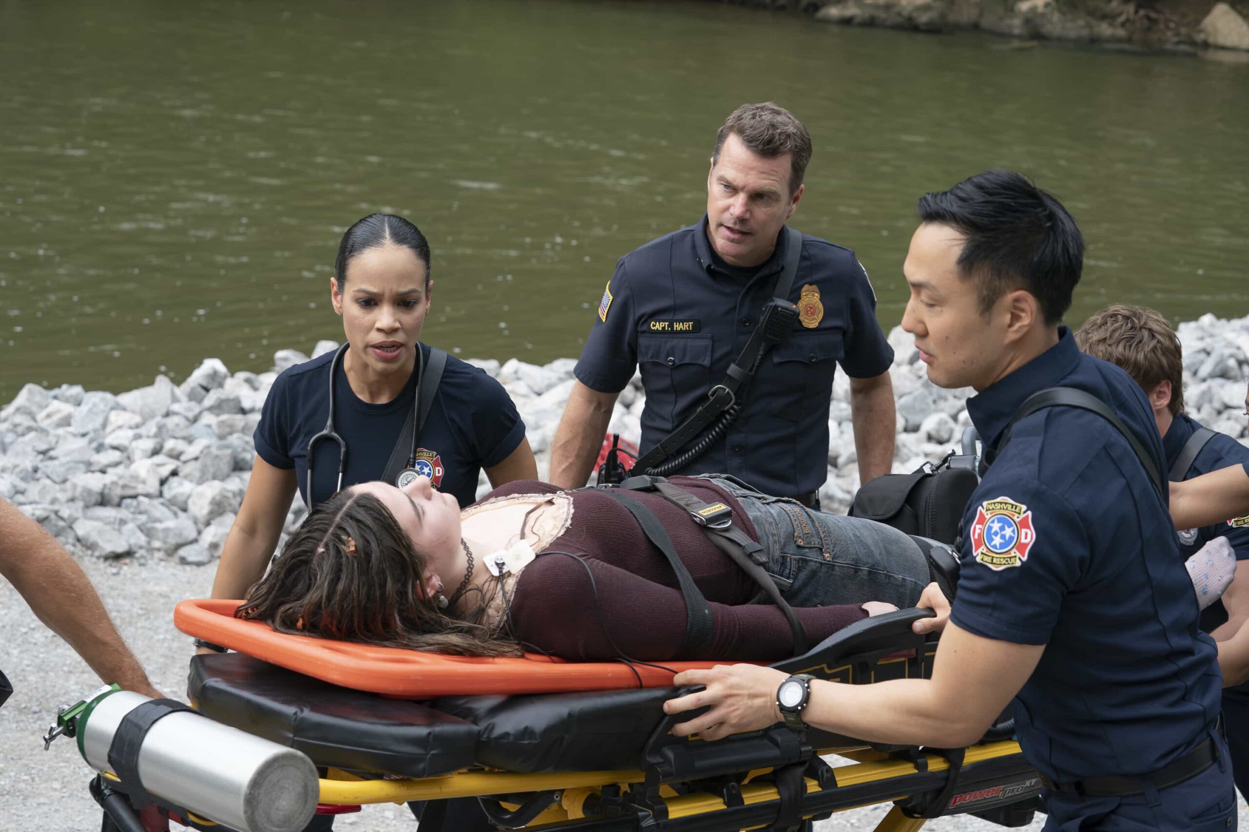 9-1-1: NASHVILLE - “Lost Children” - With mounting pressure from his peers and family, Blue takes his firefighter exam. Meanwhile, Roxie and Taylor search for the identity of an unconscious girl and respond to a high-stakes emergency involving two abducted children. THURSDAY, NOV. 6 (9:00-10:00 p.m. EST) on ABC. (Disney/Jake Giles Netter) 
JUANI FELIZ, JESSIE FENTRESS, CHRIS O'DONNELL, MATTHEW UM