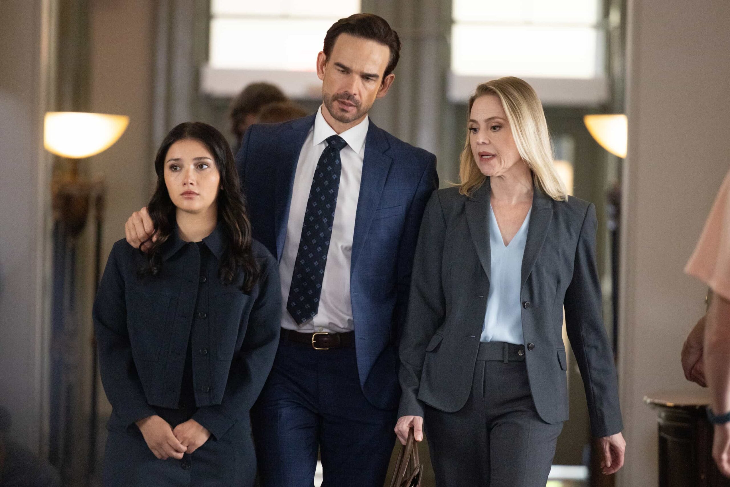 “Out of Office” – When Skye becomes the prime suspect in a murder case, Mickey is forced to step down amid the investigation and launch her own off-the-books search for the truth. As tensions rise and family loyalties are tested, Mickey risks everything to try and clear her daughter’s name, on SHERIFF COUNTRY, Friday, Nov. 7 (8:00-9:00 PM, ET/PT) on the CBS Television Network, and streaming on Paramount+ (live and on-demand for Paramount+ Premium plan subscribers, or on-demand for Paramount+ Essential subscribers the day after the episode airs)*. Pictured: Amanda Arcuri as Skye Fraley, Christopher Gorham as Travis Fraley and Kristin Booth as Katie Wells. Photo: Darren Goldstein/CBS ©2025 CBS Broadcasting, Inc. All Rights Reserved.