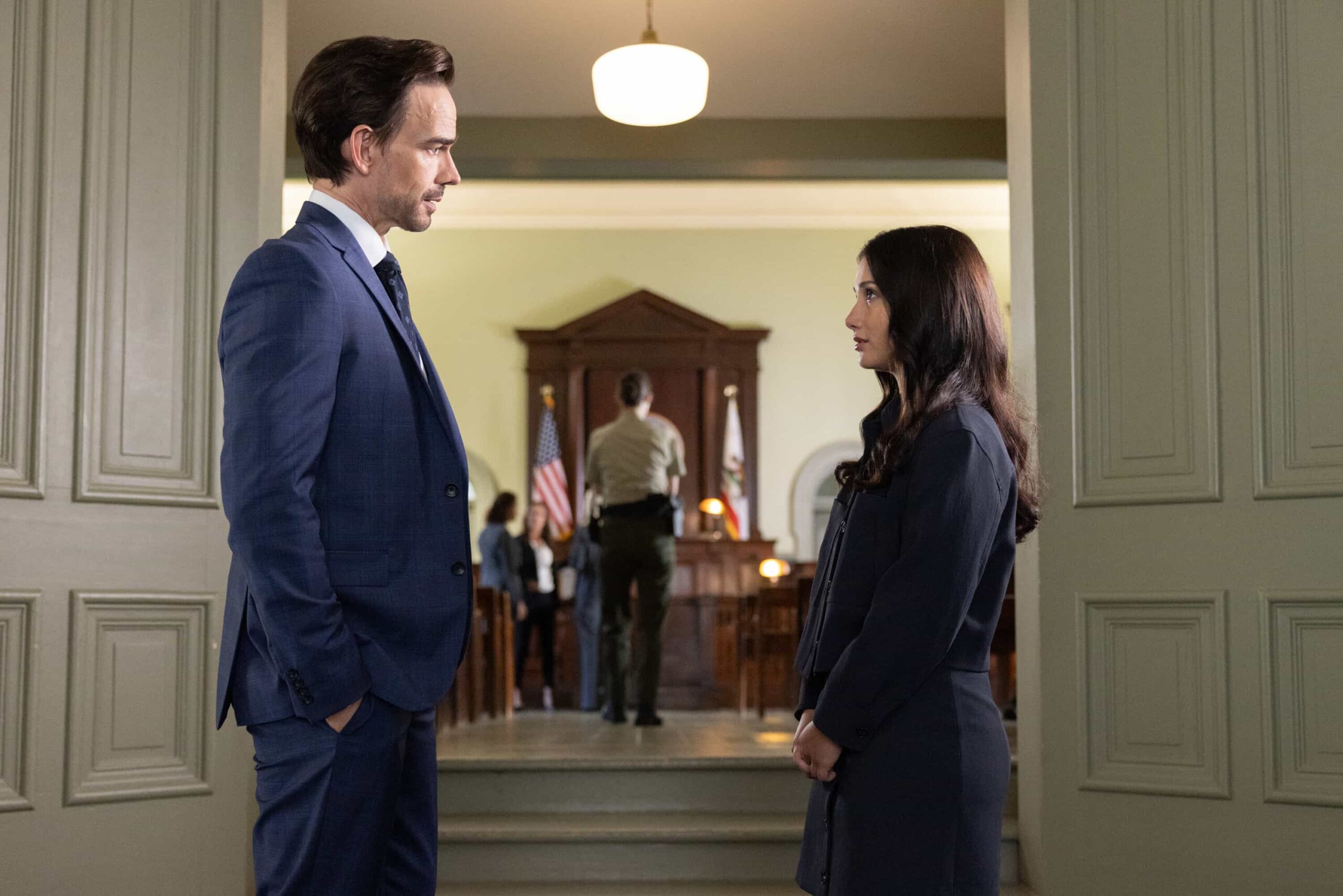 “Out of Office” – When Skye becomes the prime suspect in a murder case, Mickey is forced to step down amid the investigation and launch her own off-the-books search for the truth. As tensions rise and family loyalties are tested, Mickey risks everything to try and clear her daughter’s name, on SHERIFF COUNTRY, Friday, Nov. 7 (8:00-9:00 PM, ET/PT) on the CBS Television Network, and streaming on Paramount+ (live and on-demand for Paramount+ Premium plan subscribers, or on-demand for Paramount+ Essential subscribers the day after the episode airs)*. Pictured: Christopher Gorham as Travis Fraley and Amanda Arcuri as Skye Fraley. Photo: Darren Goldstein/CBS ©2025 CBS Broadcasting, Inc. All Rights Reserved.