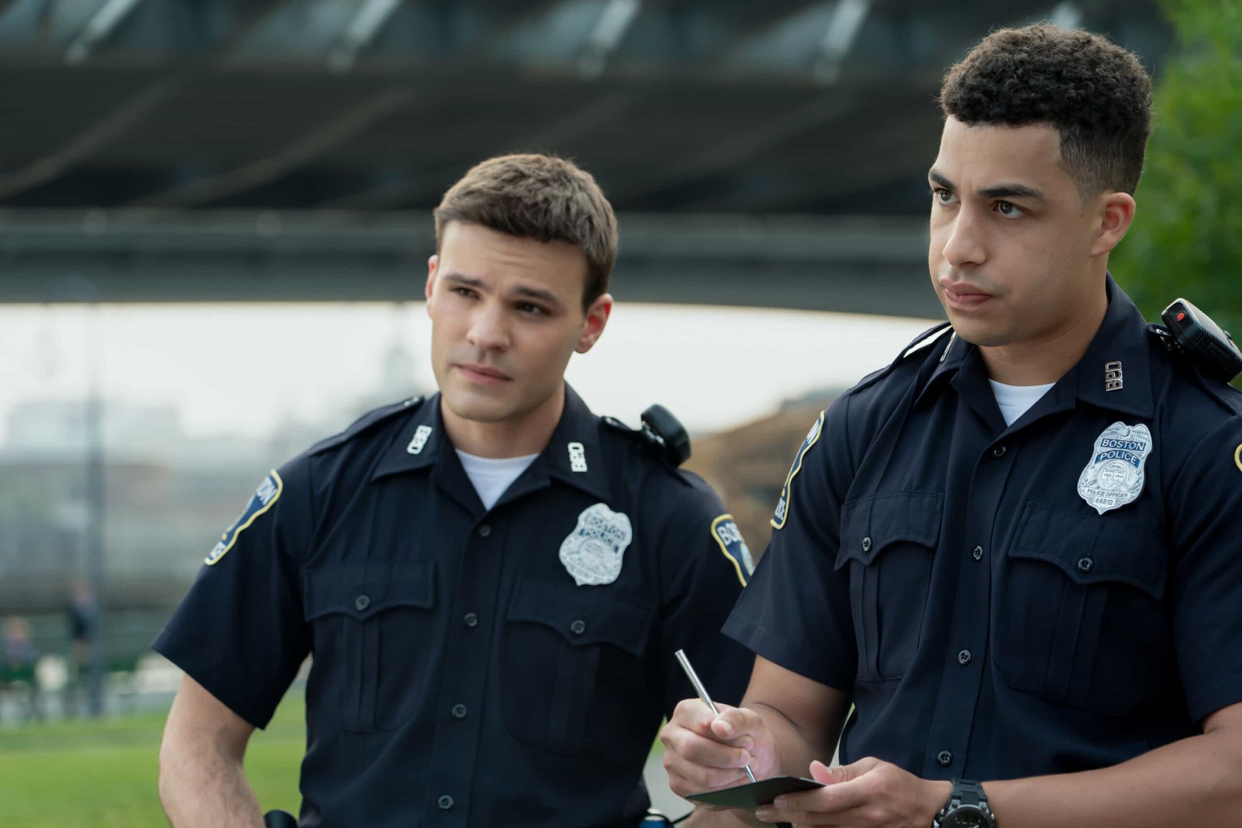 “Rites of Passage”– As the Silver family reflects on a personal loss, Lena and Danny investigates the murder of a beloved shop owner. Meanwhile, Sarah responds to a hostage crisis and Mae faces a difficult legal decision, on “BOSTON BLUE,” Friday, Nov. 7 (10:00-11:00 PM, ET/PT) on the CBS Television Network, and streaming on Paramount+ (live and on-demand for Paramount+ subscribers, or on-demand for Paramount+ Essential subscribers the day after the episode airs)*.   Pictured (L-R): Mika Amonsen as Sean Reagan and Marcus Scribner as Jonah Silver  Photo: Seacia Pavao/CBS ©2025 CBS Broadcasting, Inc. All Rights Reserved.